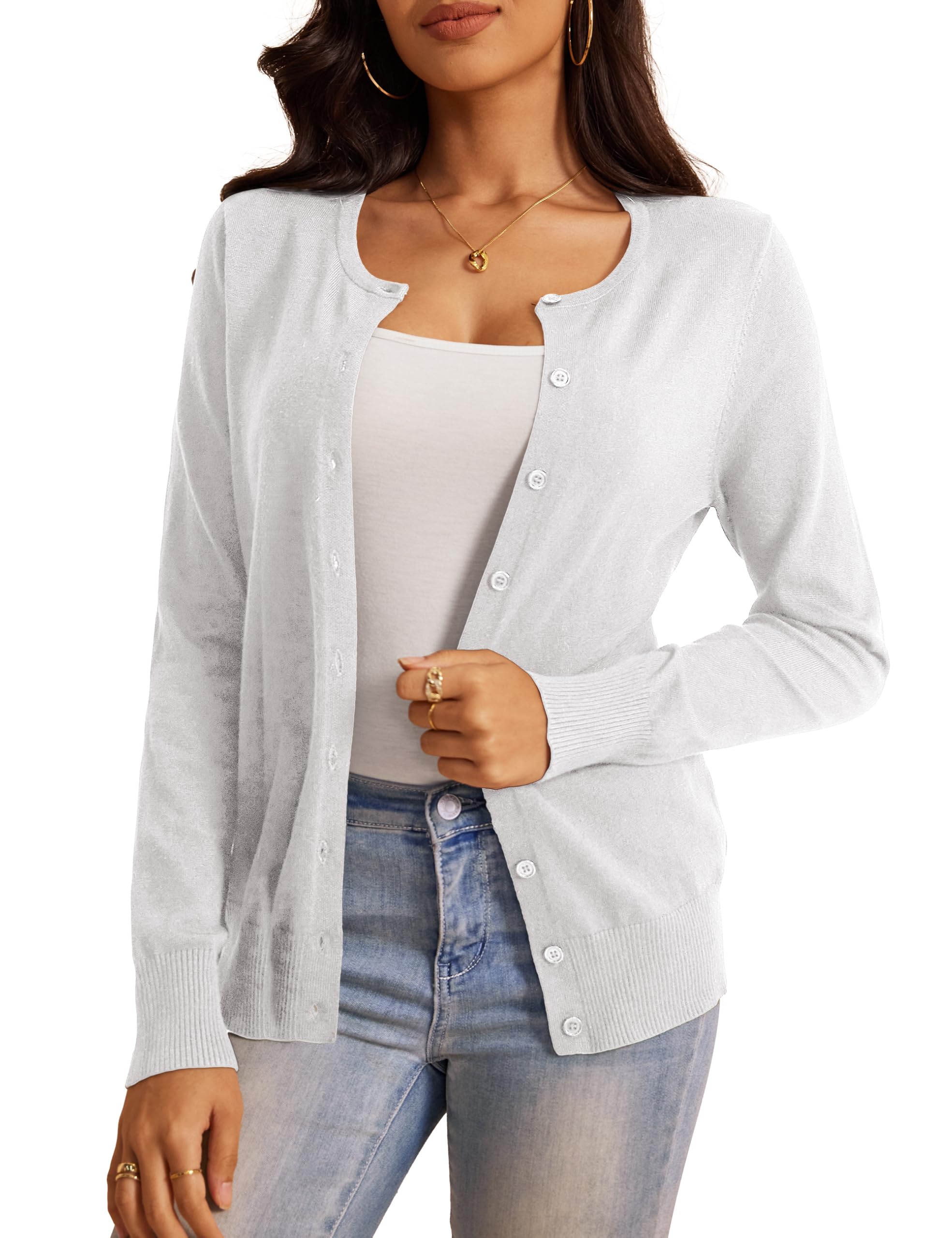 Jesdani Women's Button Down Crew Neck Long Sleeve Soft Knit Cardigan Sweater - Cozy Fall & Winter Layering Essential for Office, Casual Outfits and Travel
