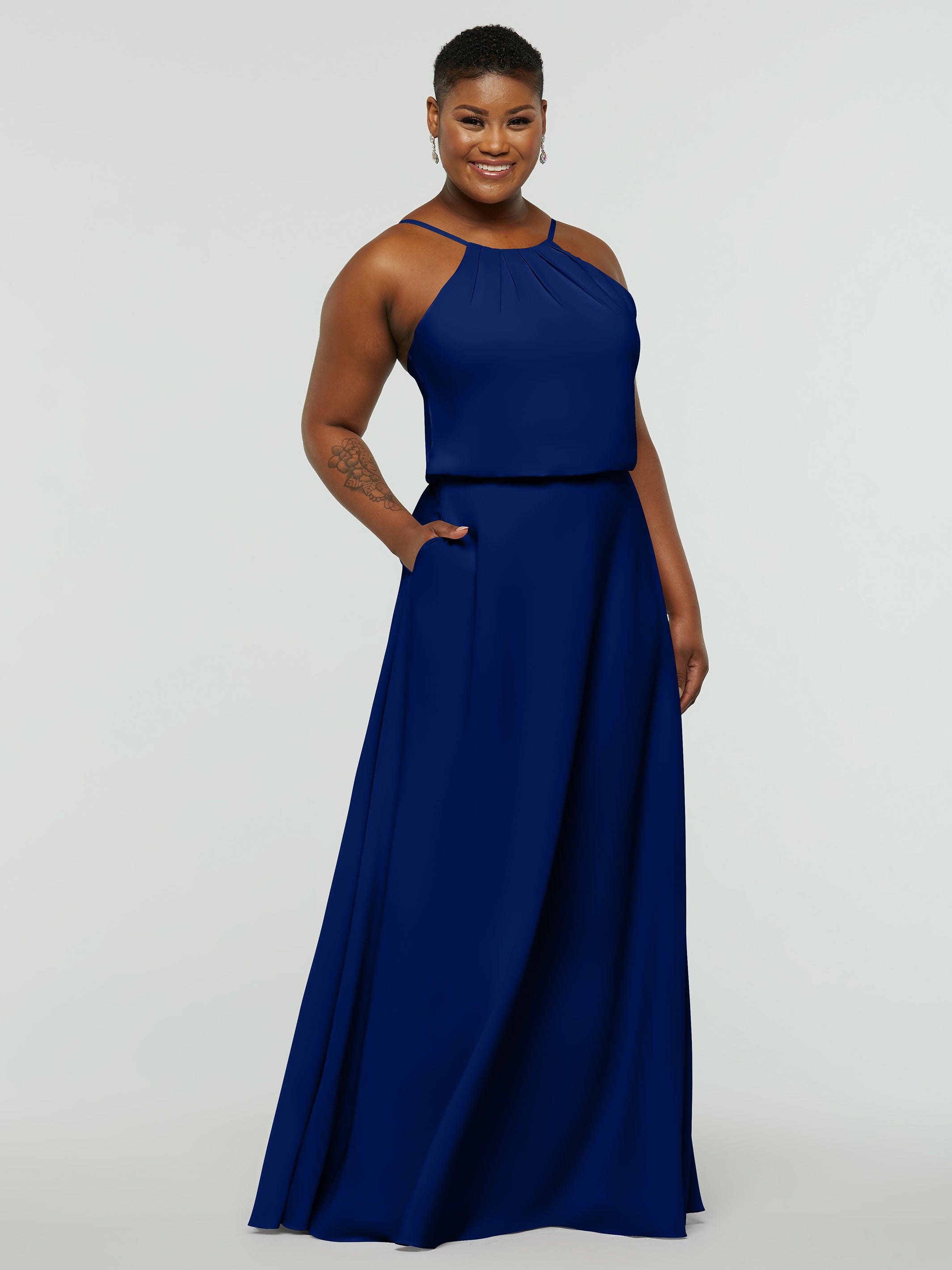 Elegant 83015 Stretch Chiffon A-Line Bridesmaid Dress with Halter Neckline - Perfect for Weddings, Parties & Formal Events