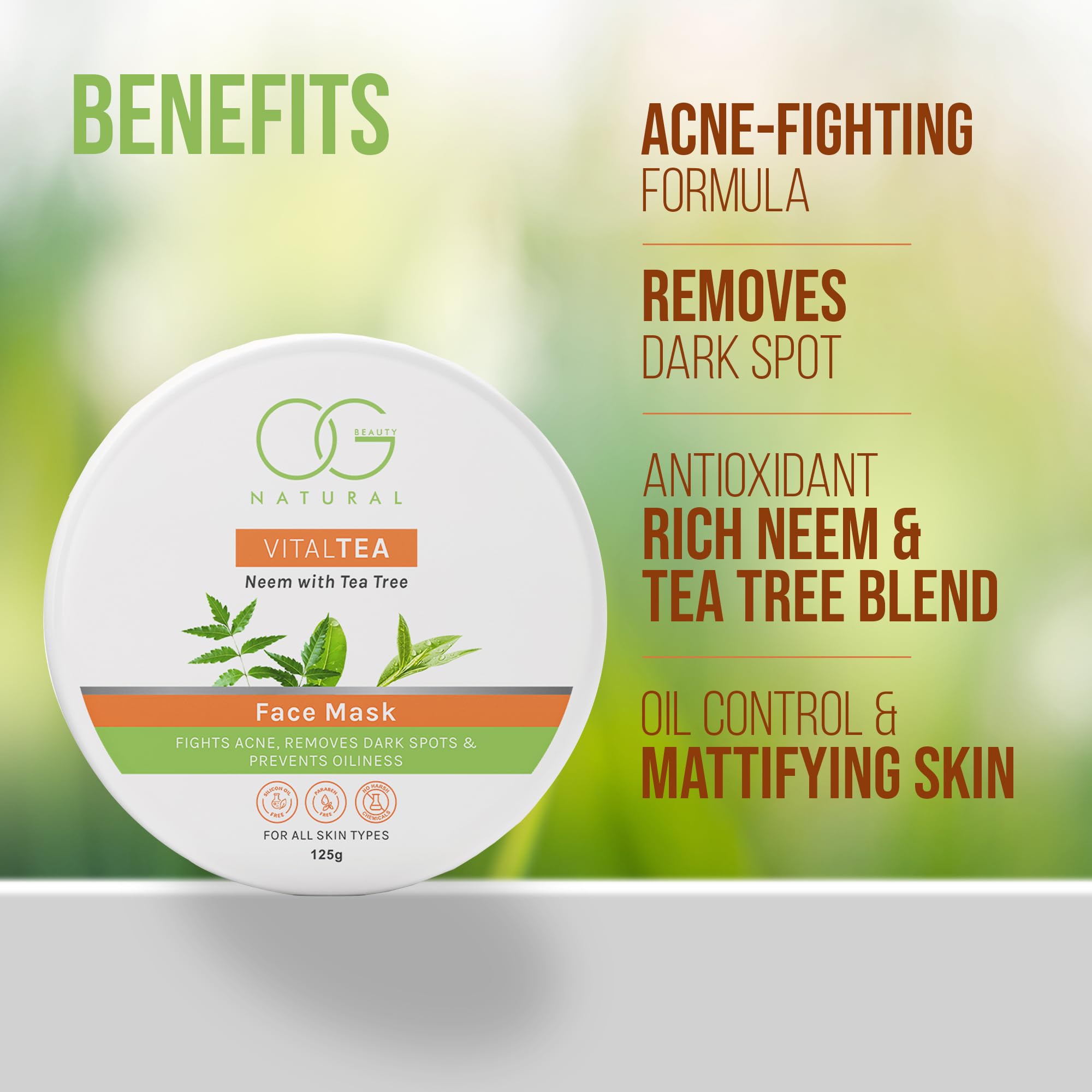 OG BEAUTY Natural VitalTea Neem & Tea Tree Face Mask - Acne Treatment for Oily Skin, Reduces Dark Spots & Blemishes | Antioxidant-Rich, Silicon Oil Free & Paraben Free | 125g | Perfect for Daily Skincare Routine & Spa Nights