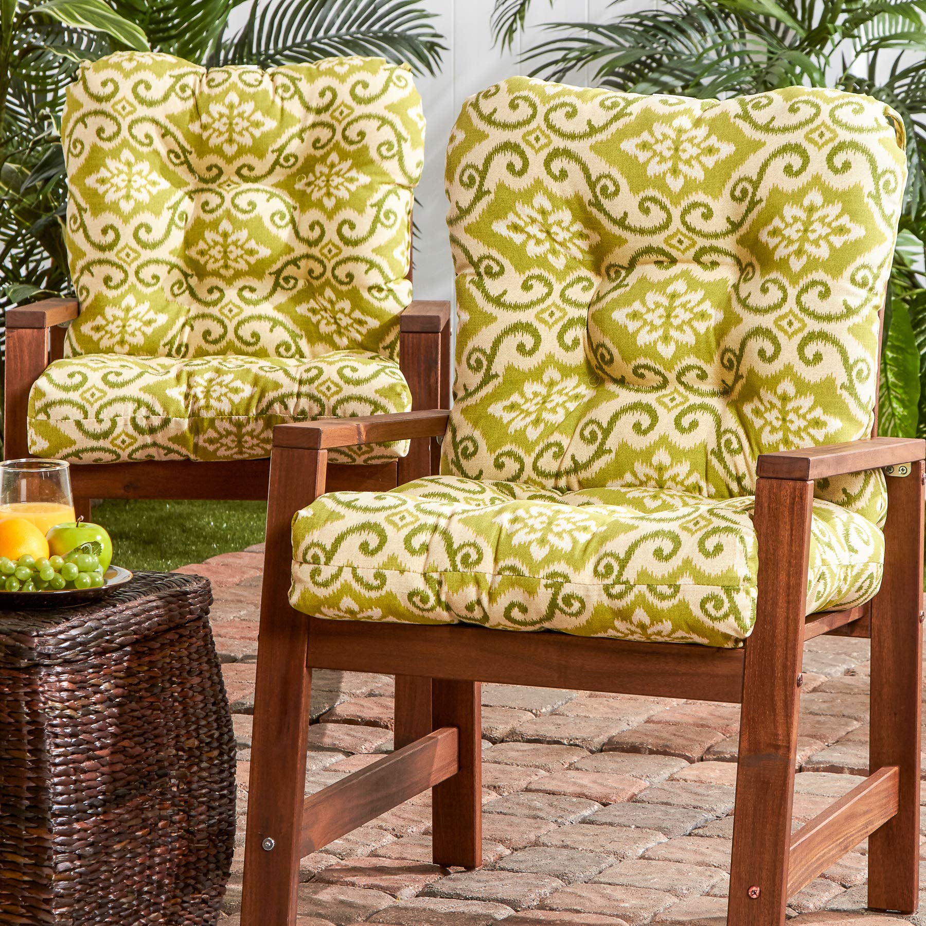 Premium Outdoor Chair Cushions Set of 2 - South Pine Porch Seat & Back Cushions, Shoreham Green Ikat Pattern - Perfect for Patio, Deck, Garden & Poolside Furniture