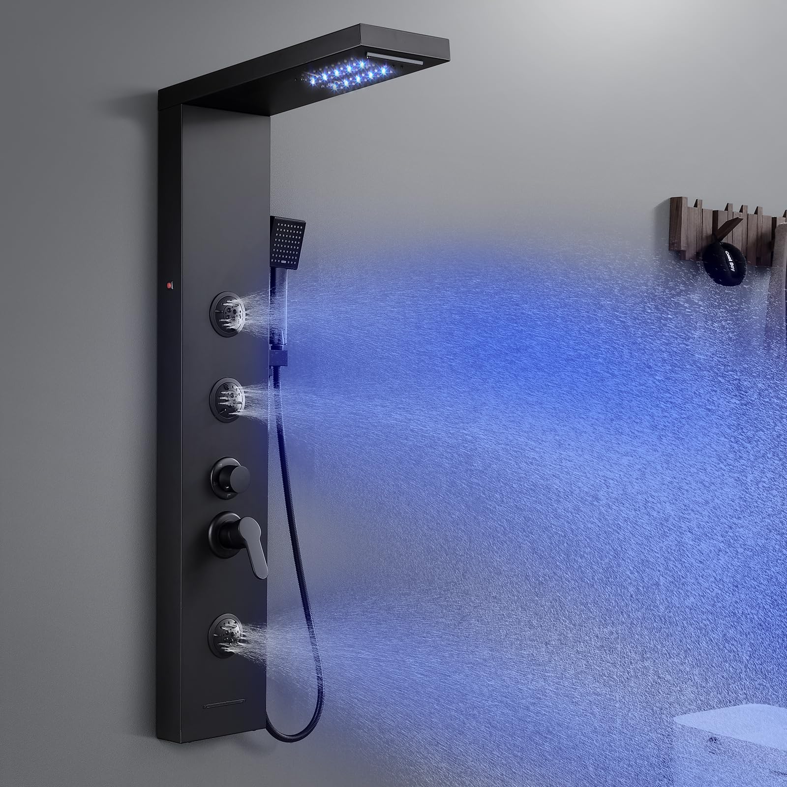 ROVATE 5-in-1 Matte Black LED Shower Panel Tower System with Rainfall Shower Head, High Pressure Waterfall Jets, Handheld Spray & Tub Spout - Luxury Stainless Steel Shower System for Spa-Like Bathroom Experience
