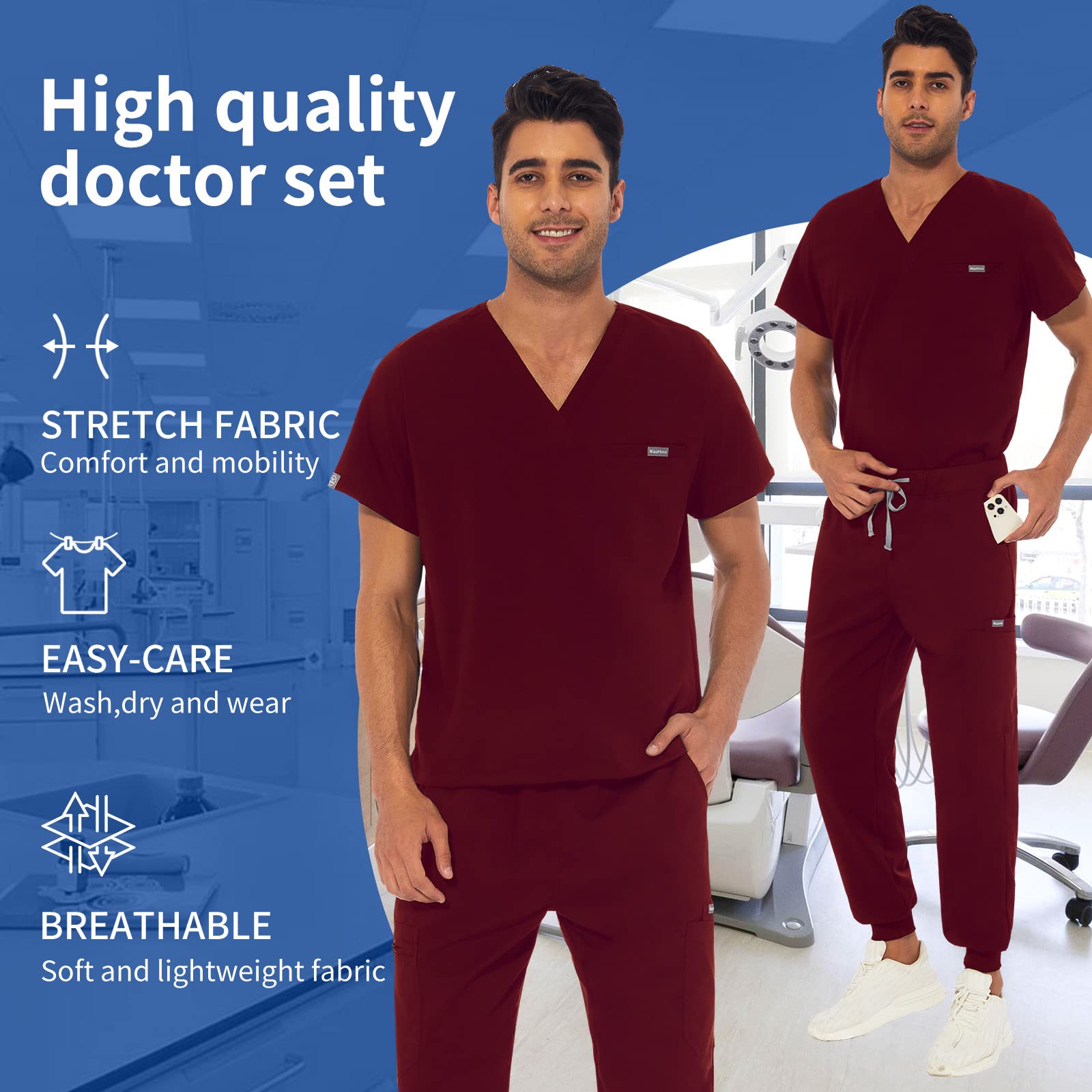 VIAOLI Men's Athletic Scrub Set - V-Neck Top & Yoga Jogger Pants with 8 Pockets - Breathable Medical Uniform for Nurses, Doctors & Healthcare Workers - Perfect for Hospital Shifts, Clinics & Long Work Hours