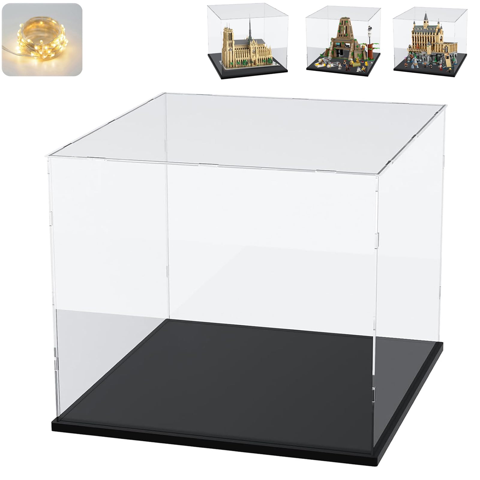 Premium Thickened Clear Acrylic Display Case for Lego Sets 21061 75365 76435 10326 - Large Dustproof Protection Box with Wood-Plastic Base & LED String Lights (19.7x11.8x15.7inch, Black Interior) - Perfect for Showcasing Collectibles, Home Decor, and Gift Display