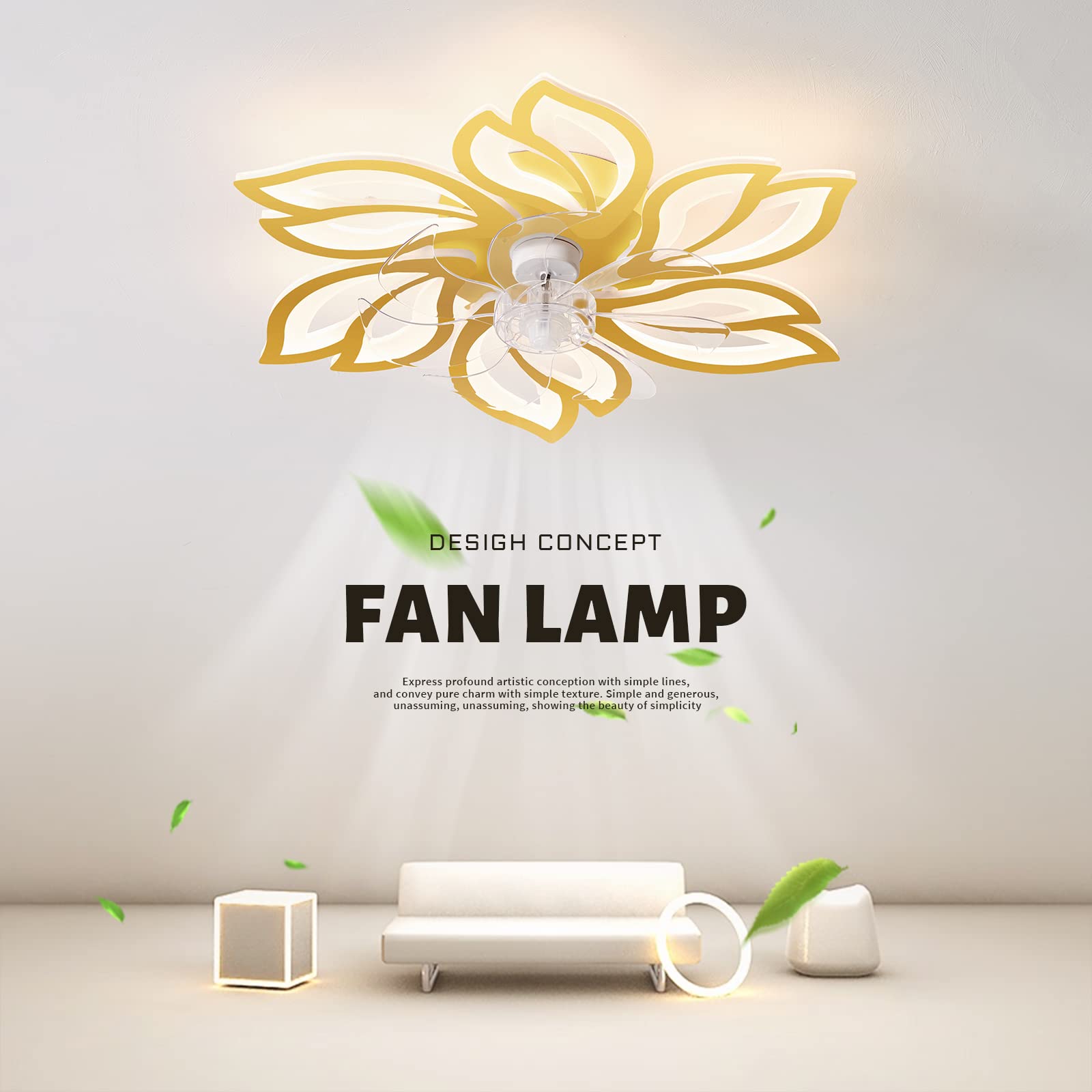 **REYDELUZ 25.6 Inch Gold LED Ceiling Fan with Light - Dimmable, Remote Control, Adjustable Wind Speed - Perfect for Living Room, Bedroom, Hallway, Dining Room & Office**