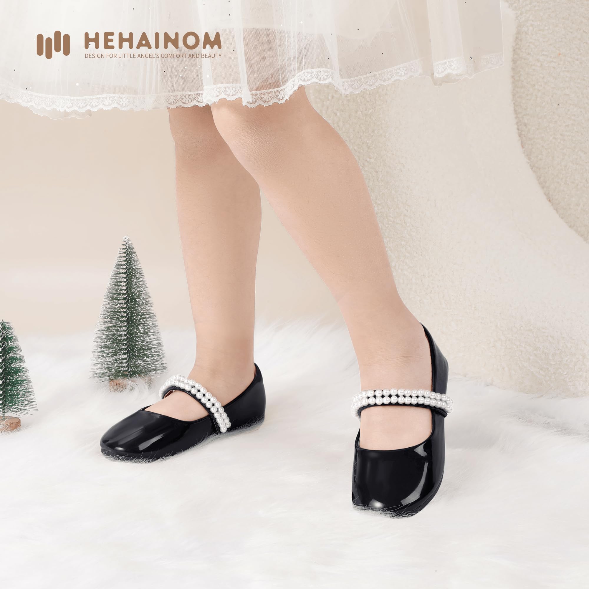 Hehainom Toddler Flower Girls Dress Shoes - Mary Jane Princess Ballet Flats with Bow & Pearls for Party, School, Wedding, and Special Occasions - Comfortable & Stylish Formal Shoes for Little Girls