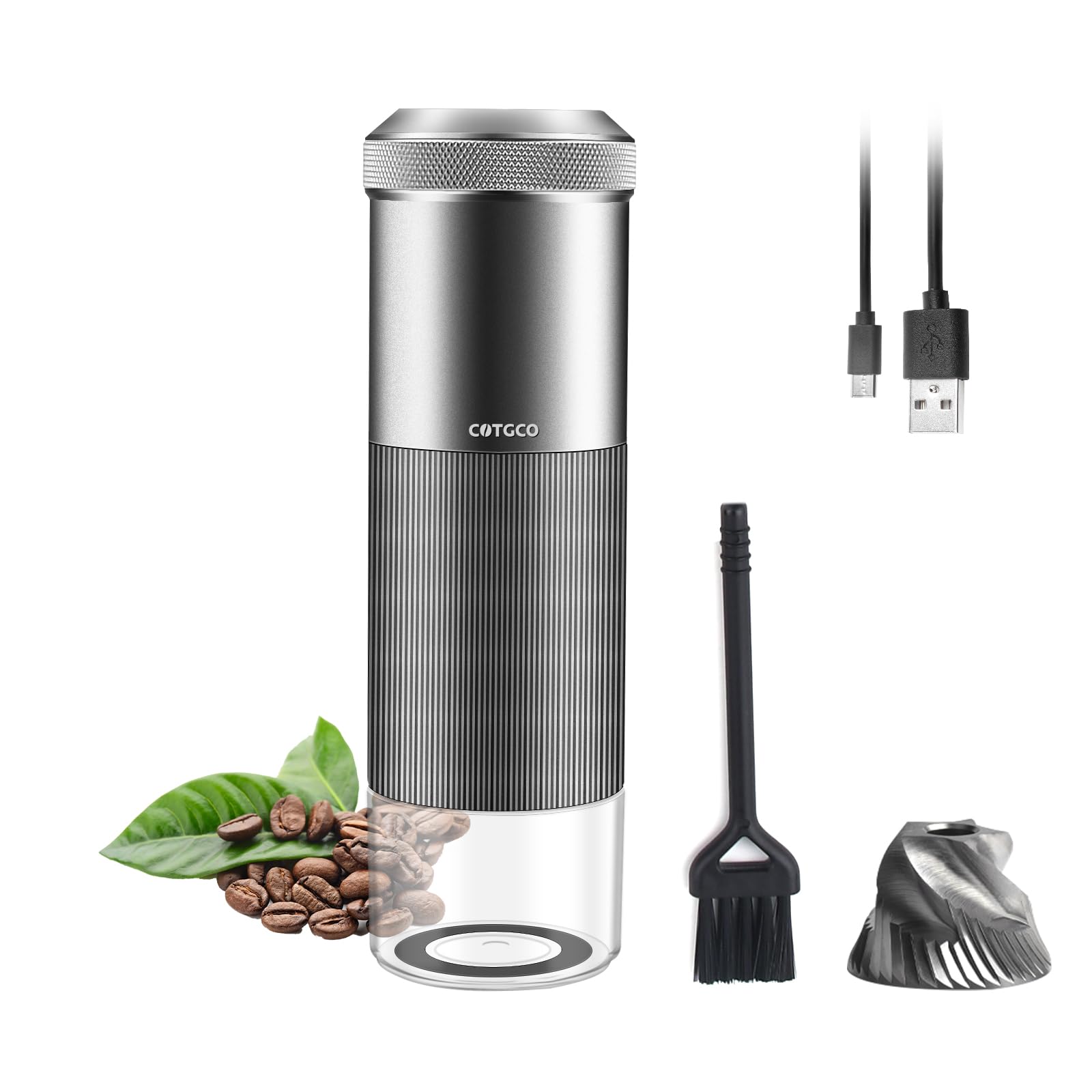 Premium Electric Coffee Grinder with Conical Burr - Portable & Rechargeable for Espresso, French Press, Drip Coffee - Adjustable Fine to Coarse Grind - Perfect for Home, Office & Travel (Silver)