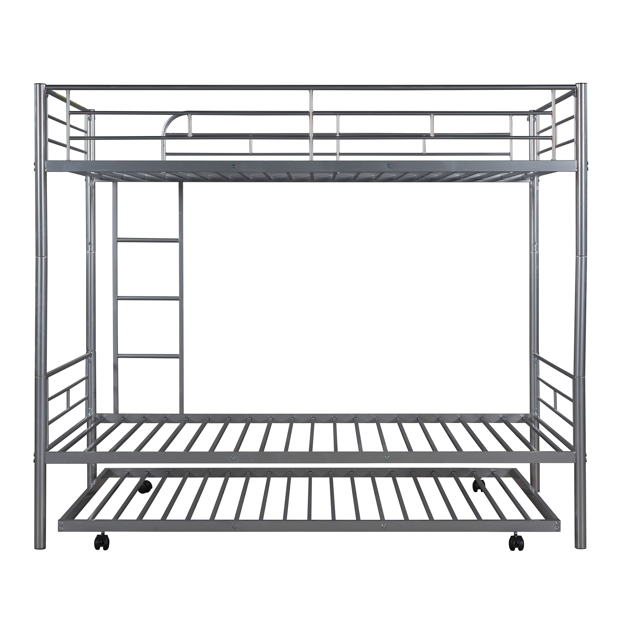 P PURLOVE Twin Over Twin Metal Bunk Bed with Trundle - Convertible to 2 Separate Beds - Space-Saving Design with Ladder - No Box Spring Required - Silver Finish - Perfect for Kids' Rooms, Guest Rooms & Small Spaces