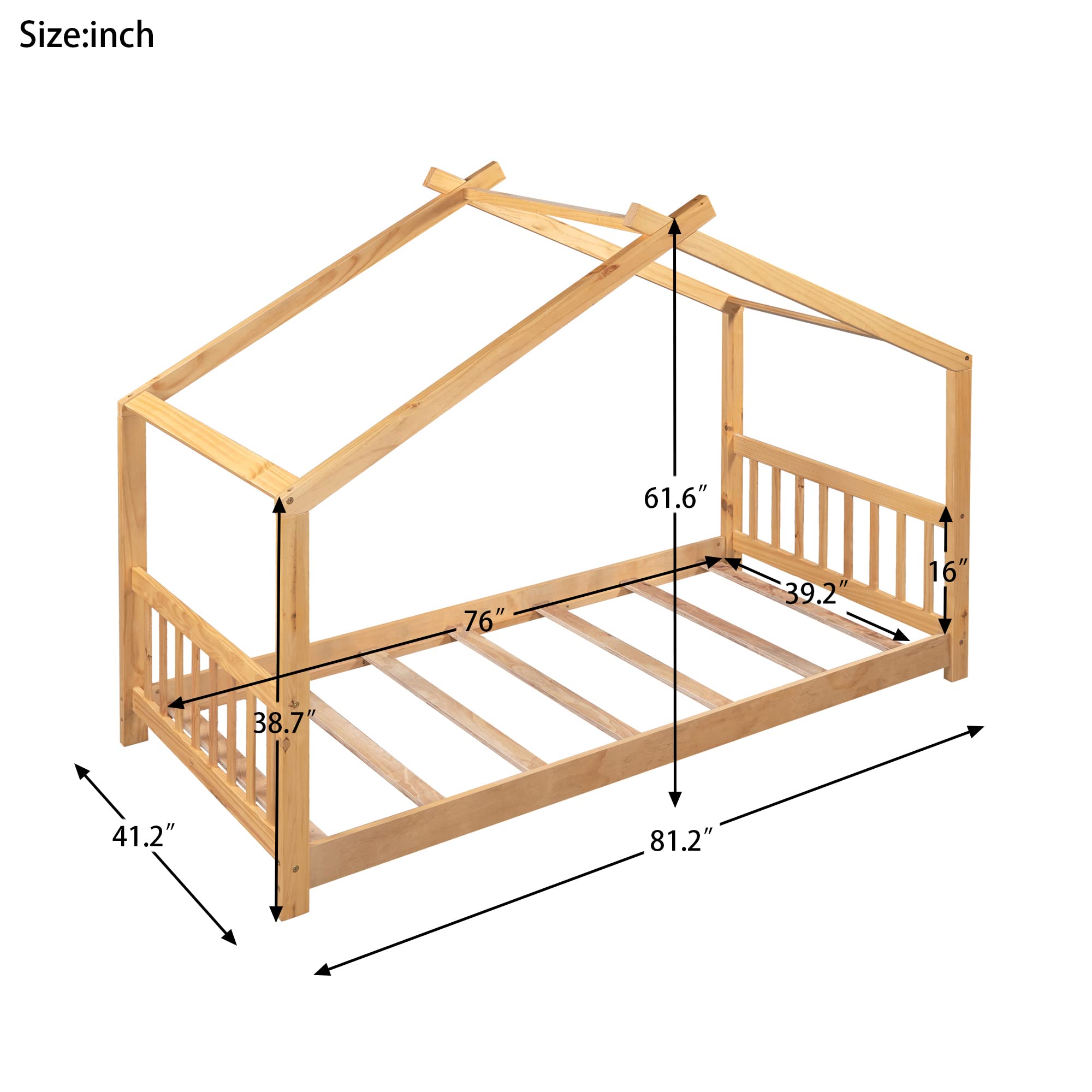 **Merax Twin Size Wooden House Bed with Roof - Kids Bedroom Furniture for Boys & Girls, Natural Finish with Headboard & Footboard - Perfect for Playrooms, Bedrooms & Cozy Reading Nooks**