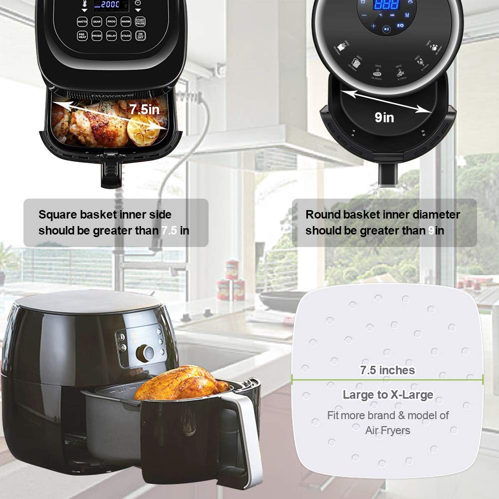 100pcs 7.5-Inch Air Fryer Liners - Premium Perforated Parchment Paper for Philips, Cozyna, Secura, NuWave, Chefman, GoWISE USA, BLACK+DECKER, COSORI Air Fryers | Non-Stick, Easy Clean | Perfect for Cooking Fries, Chicken Wings & Vegetables