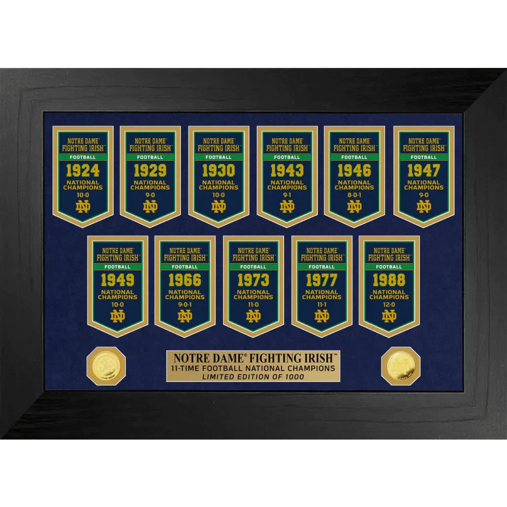 Notre Dame Fighting Irish NCAA Football National Championship Banner & Gold Coin Framed Collage - Perfect for Game Room Decor, Sports Fan Gifts, and Irish Memorabilia Collection