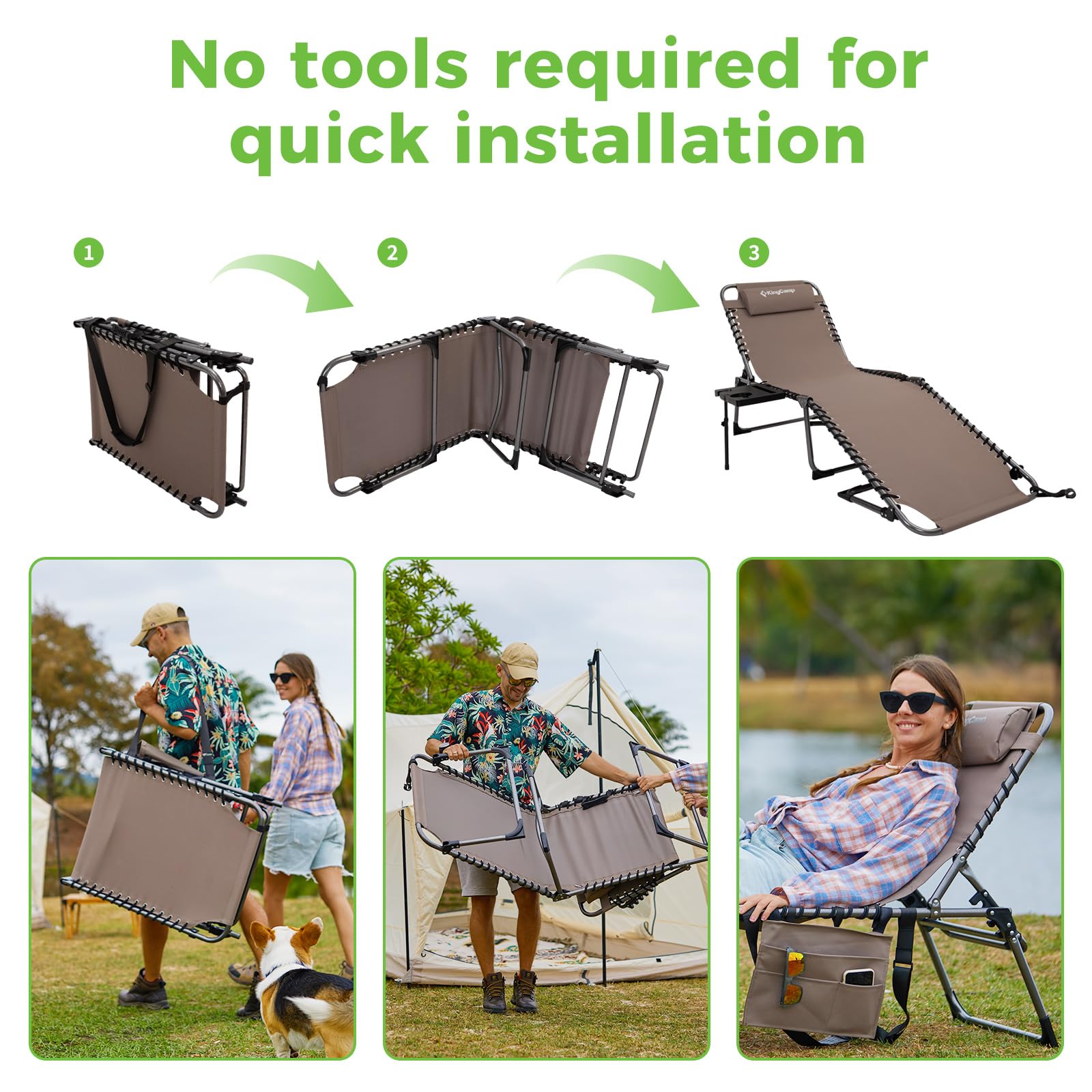 KingCamp Folding Chaise Lounge Chair - Portable Outdoor Recliner for Beach, Pool, Patio, Camping & Backyard Relaxation with Adjustable Backrest, Pillow & Side Table (Beige, 1 Pack) - Perfect for Sunbathing, Picnics, and Outdoor Lounging