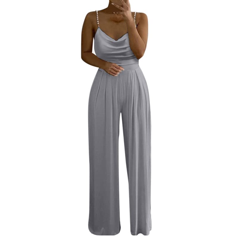 Elegant Women's Summer Jumpsuit with Pearl Strap & Wide Leg Pants - Wedding Guest Outfit, Beach Party, Cocktail Dress, Formal Occasion Wear