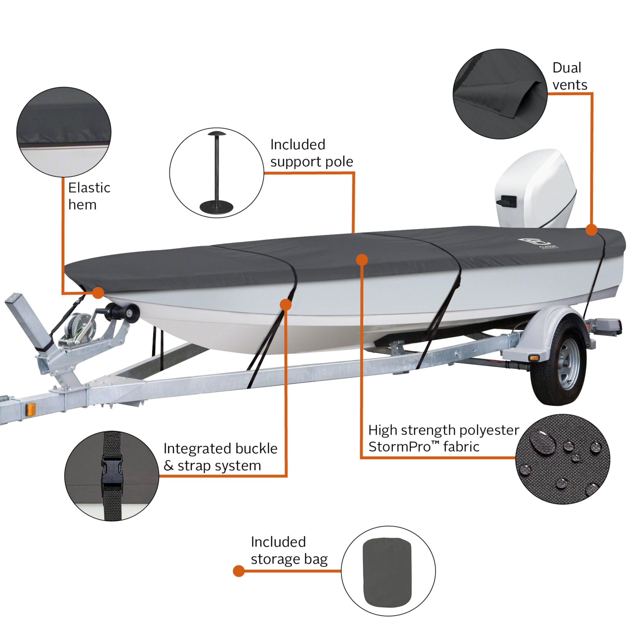 Heavy Duty Outboard Ski-Boat Cover with Support Pole - Waterproof UV Protection for Boats, Yachts & Marine Vehicles | All-Weather Protection for Storage & Travel