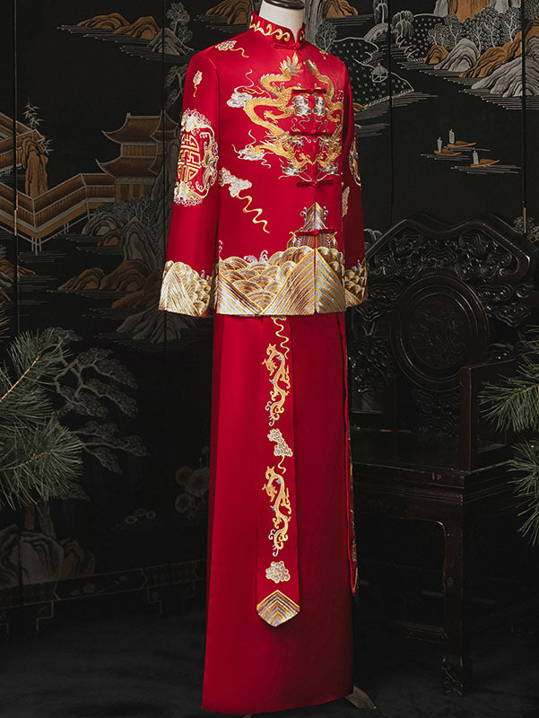 Embroidered Dragon Men's Traditional Chinese Wedding QunKwa Jacket & Skirt Set - Perfect for Asian Ceremonies, Cultural Events, and Photoshoots