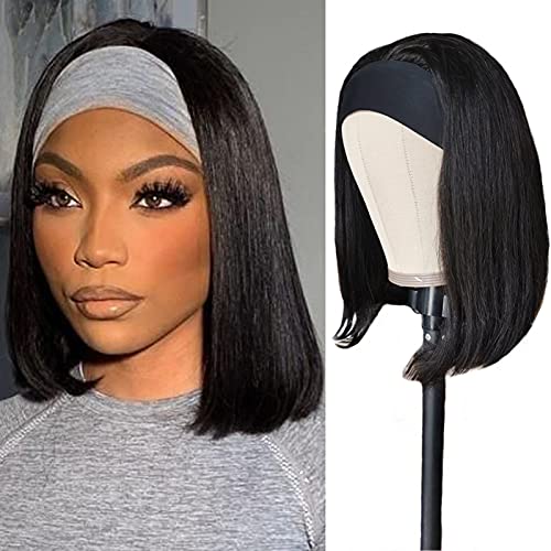 Natural Black Brazilian Human Hair Headband Bob Wig - 10 Inch Short Straight Bob Wigs for Black Women | 180% Density Remy Hair | Half Wig with Attached Headband | Perfect for Daily Wear, Cosplay & Protective Styling