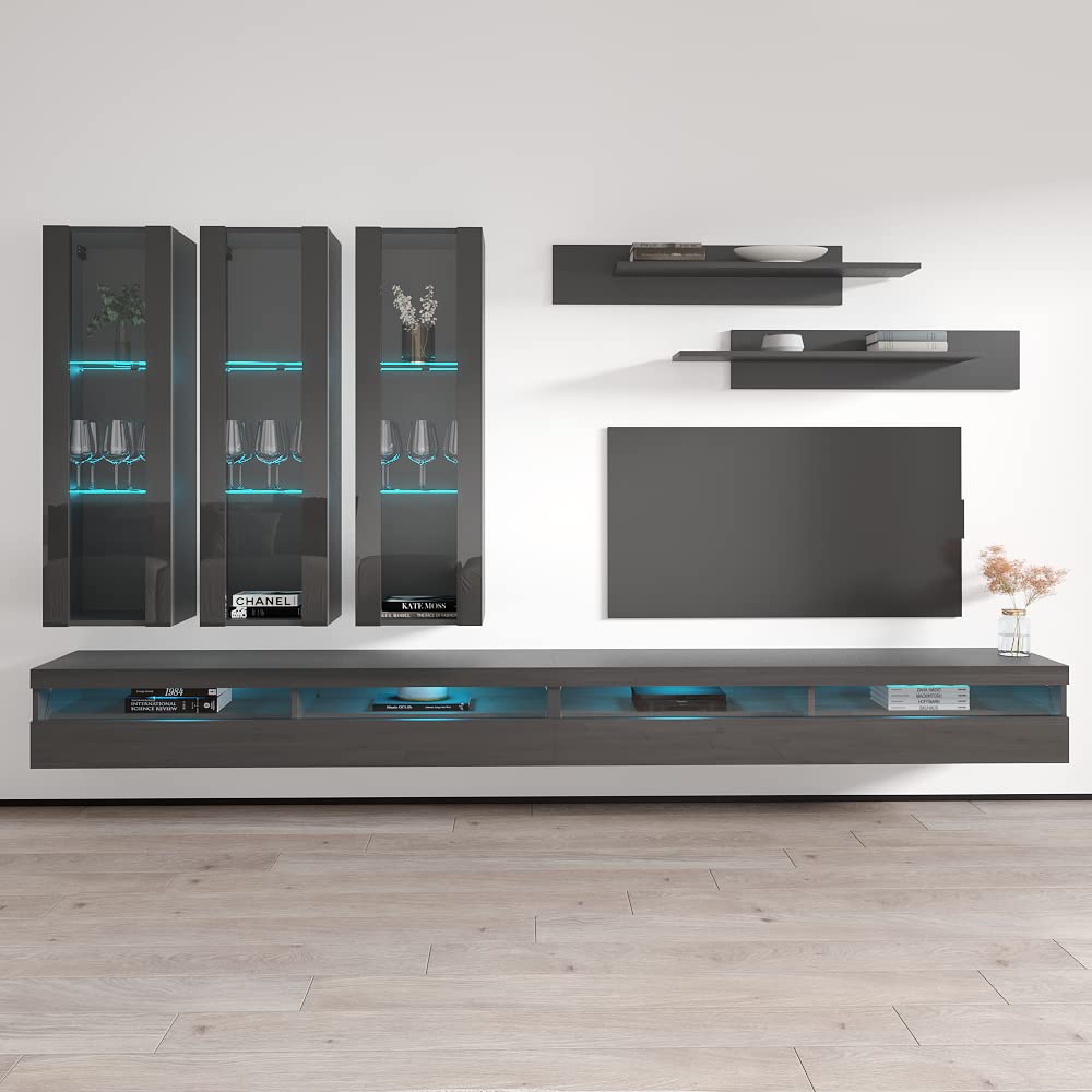 Modern Wall-Mounted TV Stand with Storage & LED Lights - Meble Fly E35 Entertainment Center for Bedroom & Living Room - Floating TV Console with Shelves (Gray) - Perfect for Small Spaces & Home Theater Setup