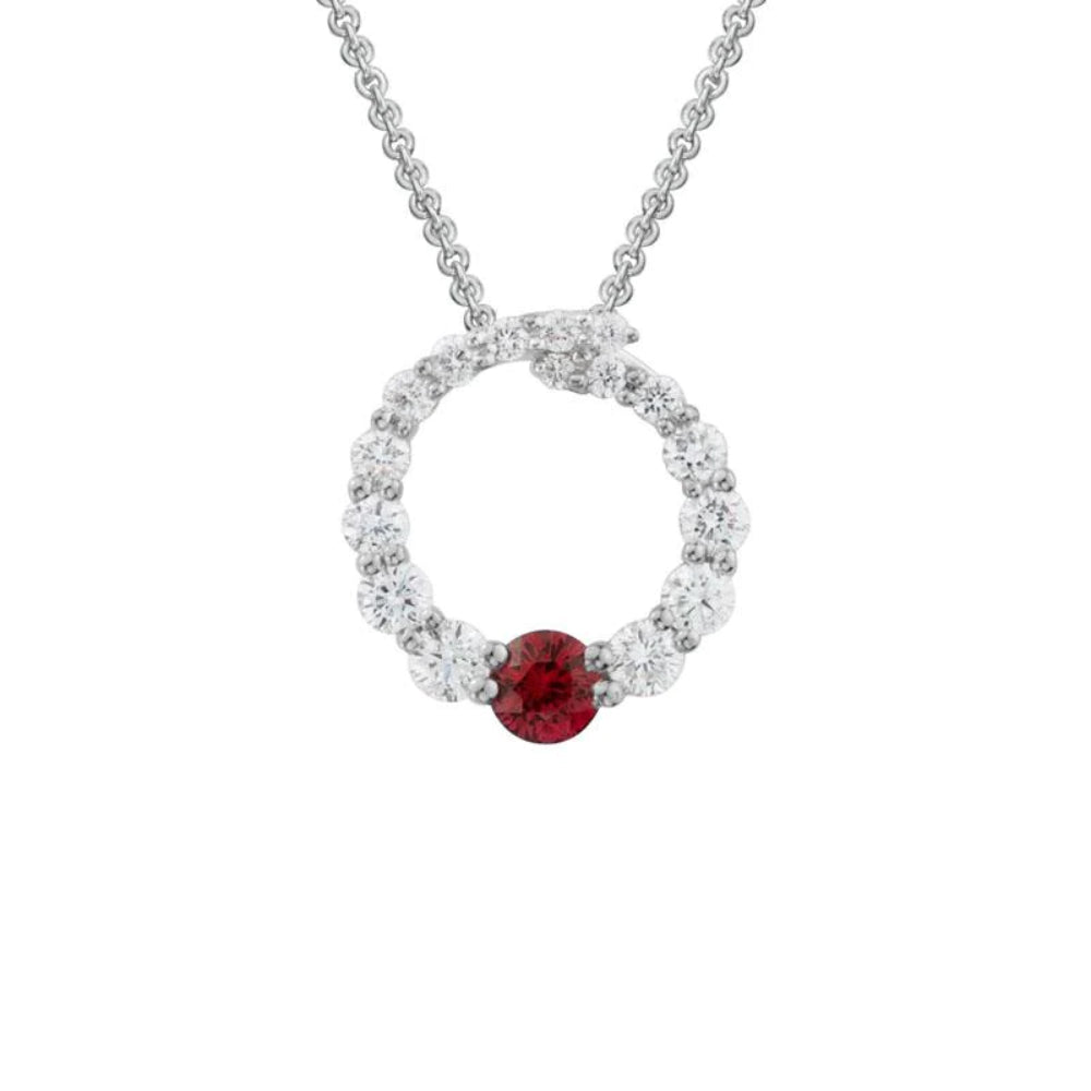 14K Gold Diamond Circle Pendant Necklace with Genuine Ruby - Elegant Jewelry Gift for Women, Perfect for Anniversary, Birthday & Special Occasions