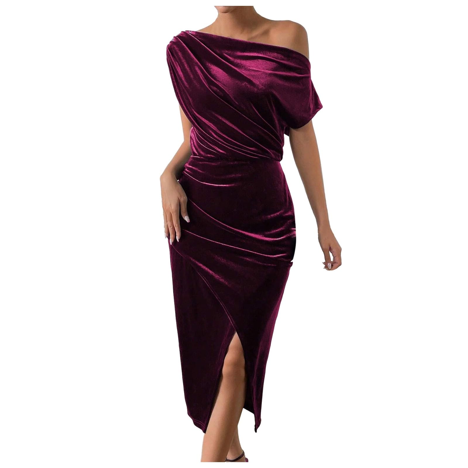 Sexy Off Shoulder Bodycon Cocktail Dress for Women - Ruched Front, High Slit, Wrap Midi Dress - Perfect for Wedding Guest, Party, Date Night & Formal Events