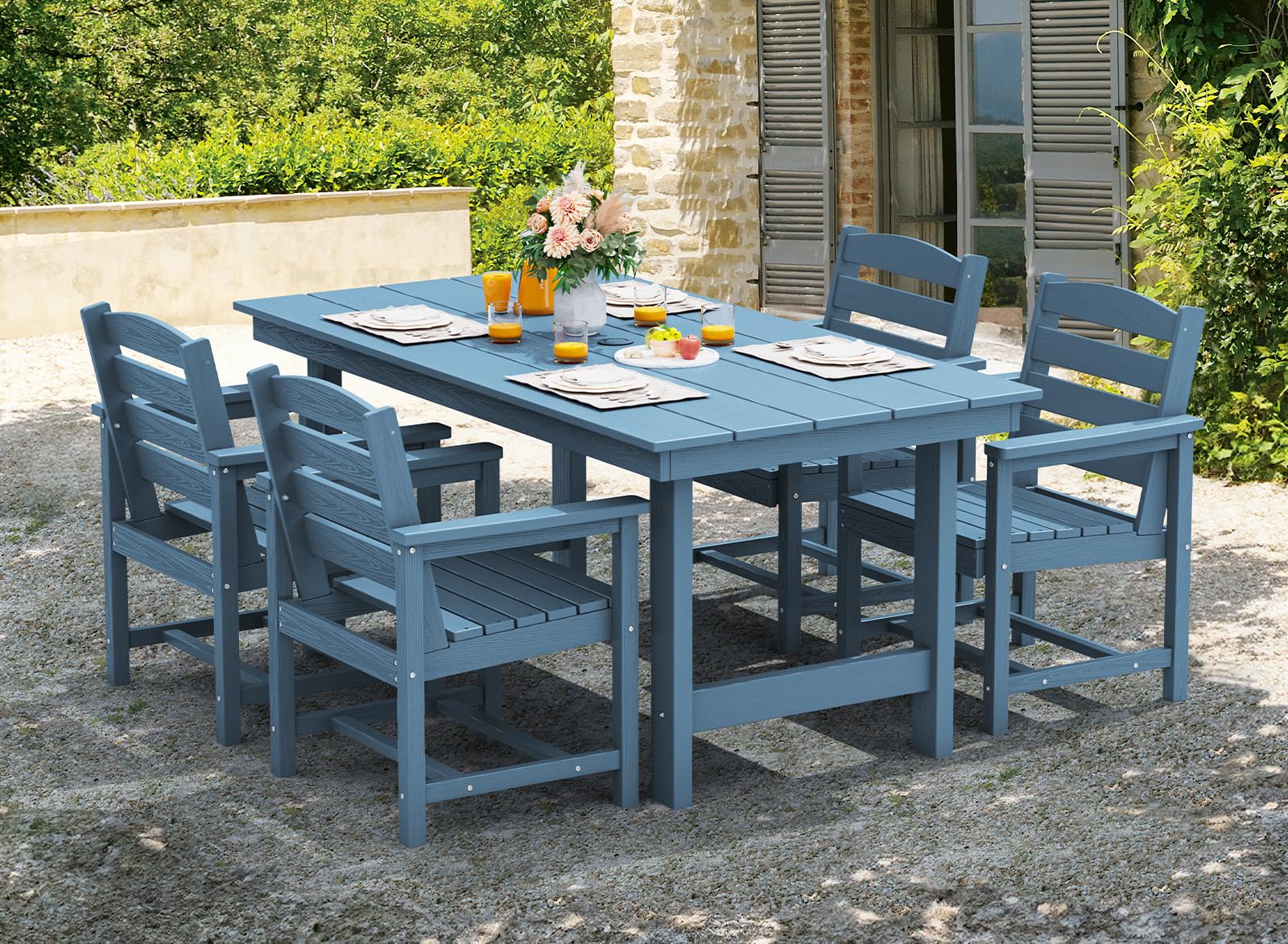 SERWALL Outdoor Patio Dining Table Set with Umbrella Hole - All-Weather HDPE Furniture for Lawn, Garden, Backyard & Poolside - Blue | Perfect for Outdoor Entertaining, BBQ Parties & Relaxing by the Pool
