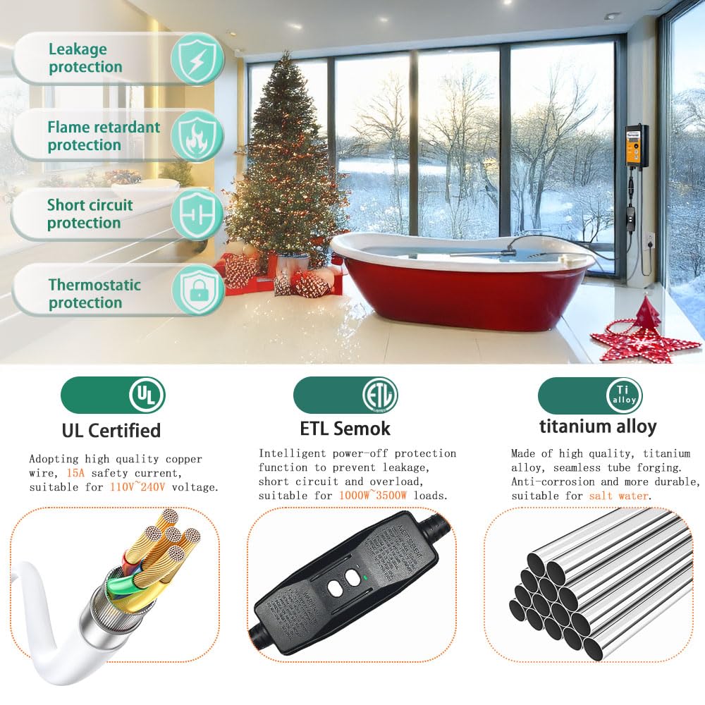 1300W Portable Submersible Titanium Water Heater with GFCI Plug - Adjustable Thermostat for Bathtub, Bucket, Spa & Small Pools - Perfect for Inflatable Hot Tubs, Camping & Emergency Heating