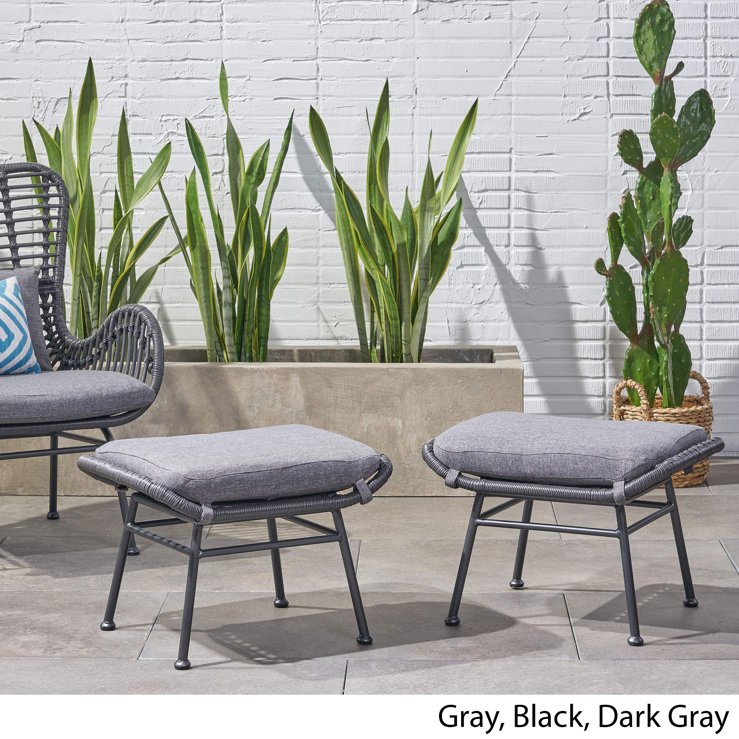 Modern Boho Wicker Ottoman Set of 2 - Gray, Dark Gray & Black - Outdoor Patio Furniture for Lounge, Garden, or Poolside Decor - GDFStudio by Great Deal Furniture
