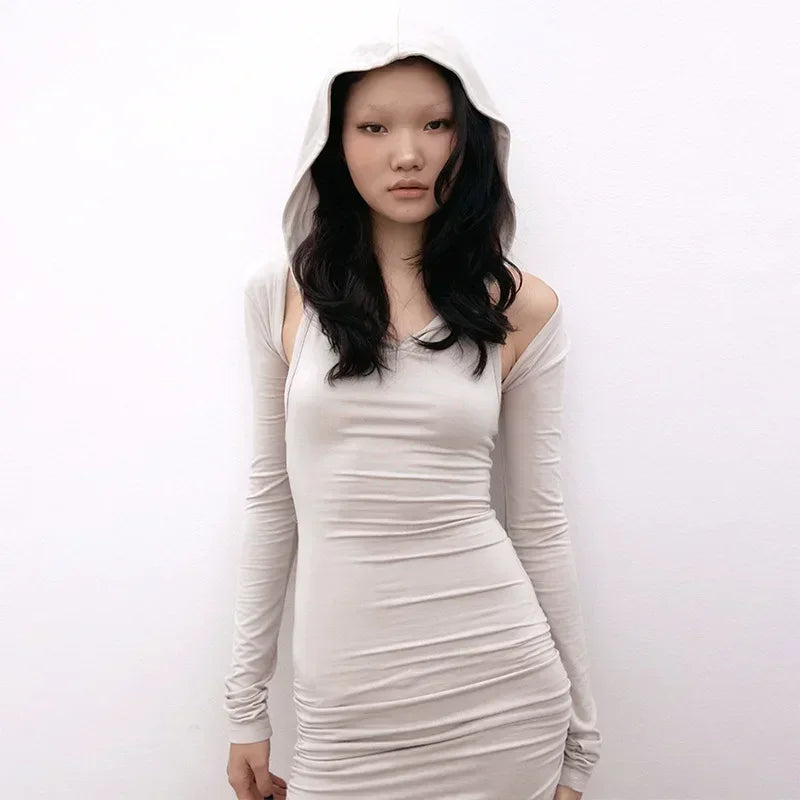 Backless Hooded Mini Dress & Long Sleeve Cardigan 2-Piece Set - Y2K Streetwear Fall Fashion for Women | Sexy Outfits for Parties, Dating & Night Out