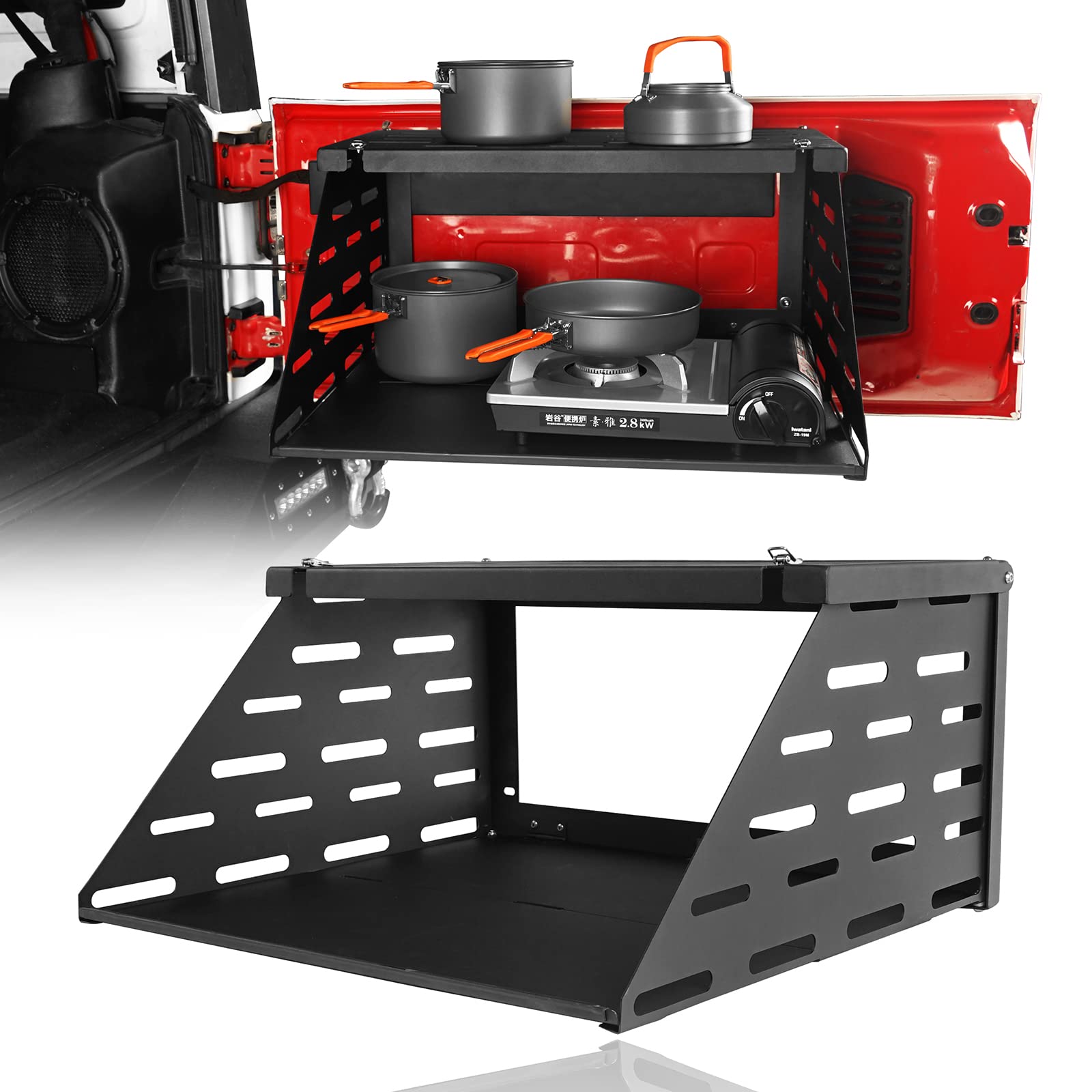 Hooke Road 2-Tier Foldable Tailgate Table for Jeep Wrangler JK JL & Unlimited (2007-2025) - Heavy Duty Camping Cargo Shelf Organizer | Perfect for Outdoor Adventures, Picnics & Tailgating