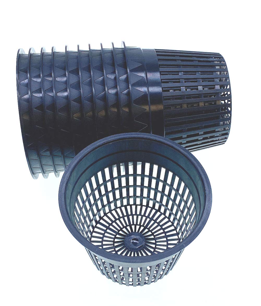50 Pack HORTIPOTS 5 Inch Net Pots with Free Reflective Lids - Hydroponic Mesh Cups for Indoor Herb Garden, Seed Starting & Hydroponics System (Round Design, Raised Center Bottom)