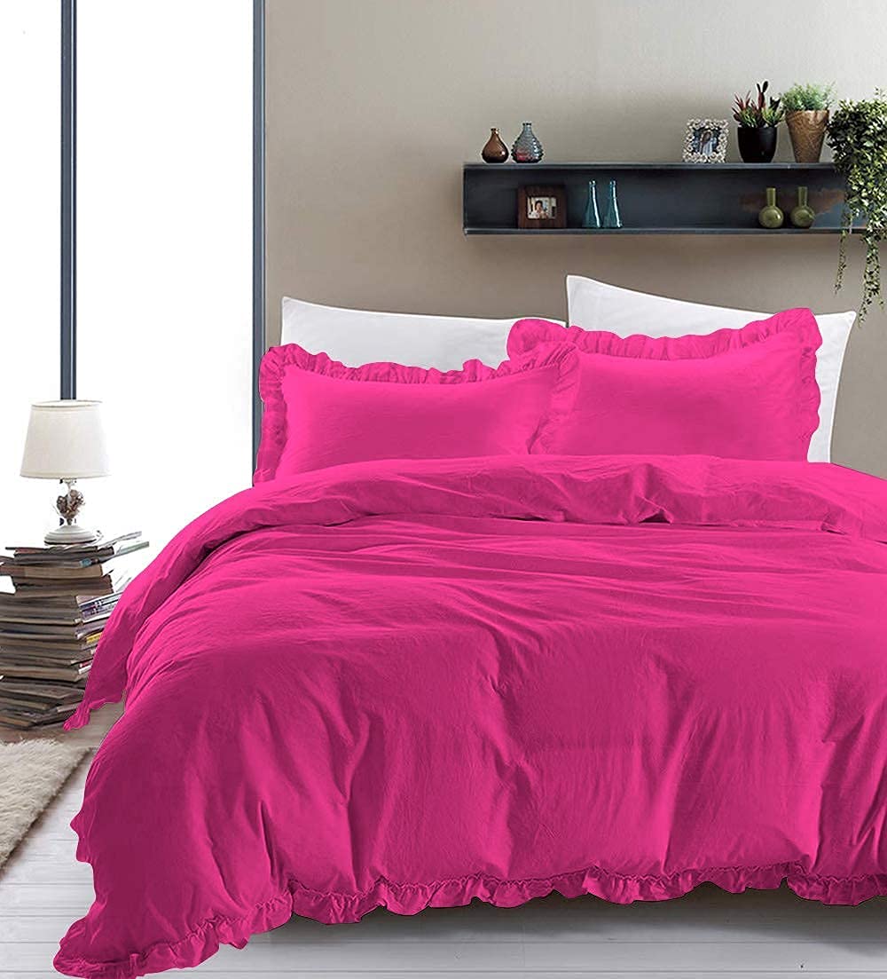 Ultra Soft 100% Cotton 800 TC Frilled Duvet Cover with Corner Ruffle - King/California King Size, Hot Pink - Luxury Bedding for Master Bedroom, Guest Room & Hotel Decor