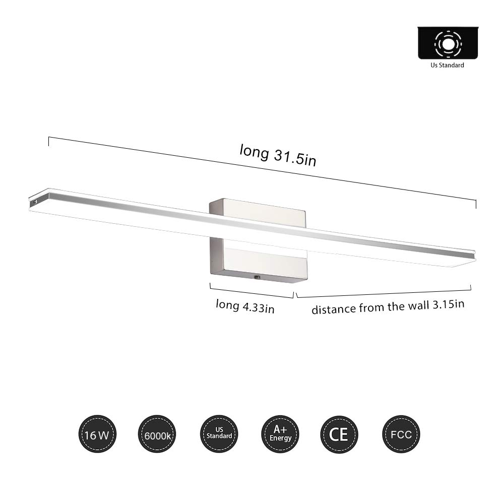 16W Modern LED Vanity Light Bar - Chrome Bathroom Mirror Light Fixture with Acrylic Shade, 6000K Daylight White - Perfect for Bathroom, Bedroom & Living Room Lighting