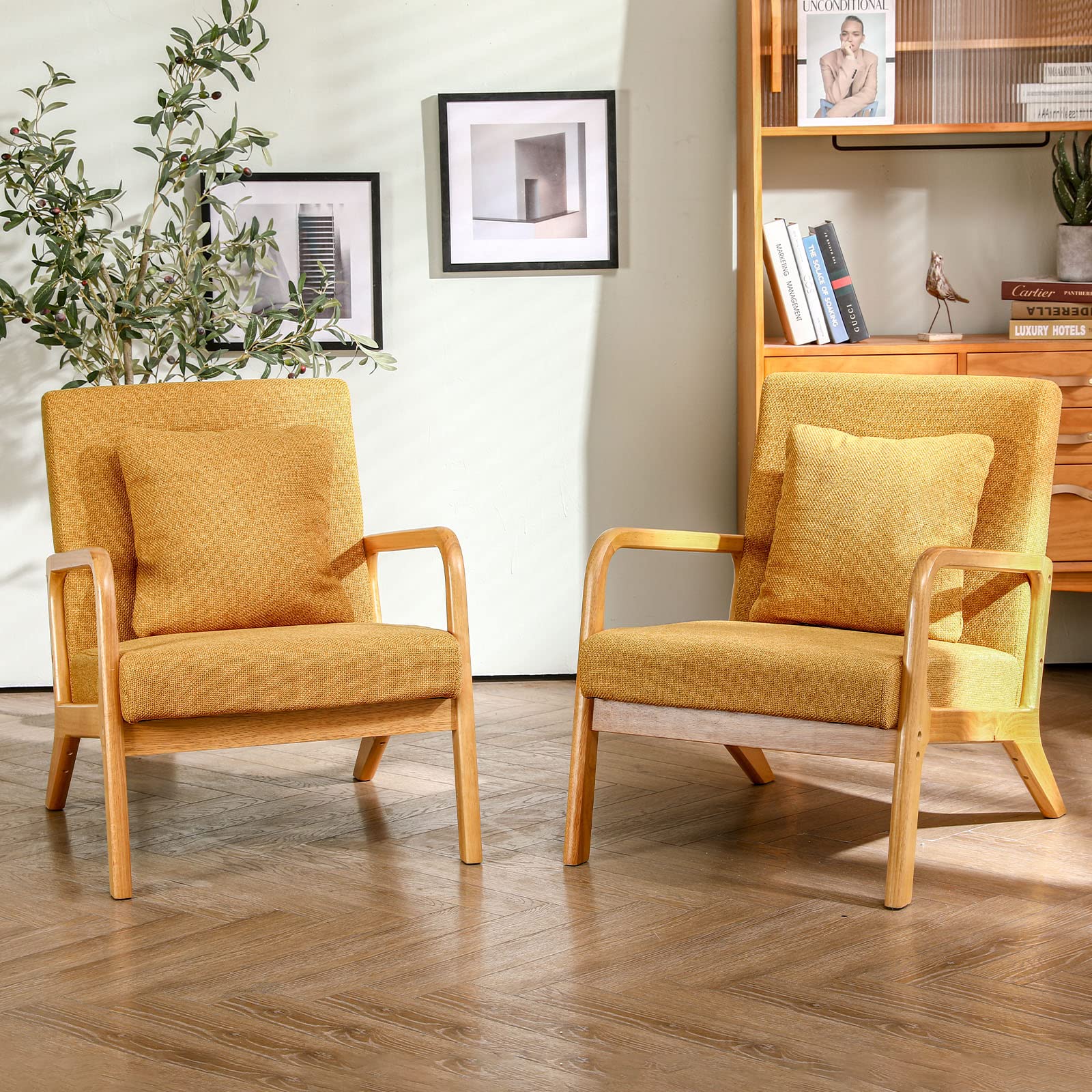 Mid-Century Modern Accent Chair - Upholstered Premium Linen Fabric Armchair with Solid Wood Frame Legs - Comfortable Living Room Lounge Chair for Bedroom, Office or Reading Nook (Yellow, 1 Piece) - Perfect for Small Spaces, Apartments and Cozy Home Decor