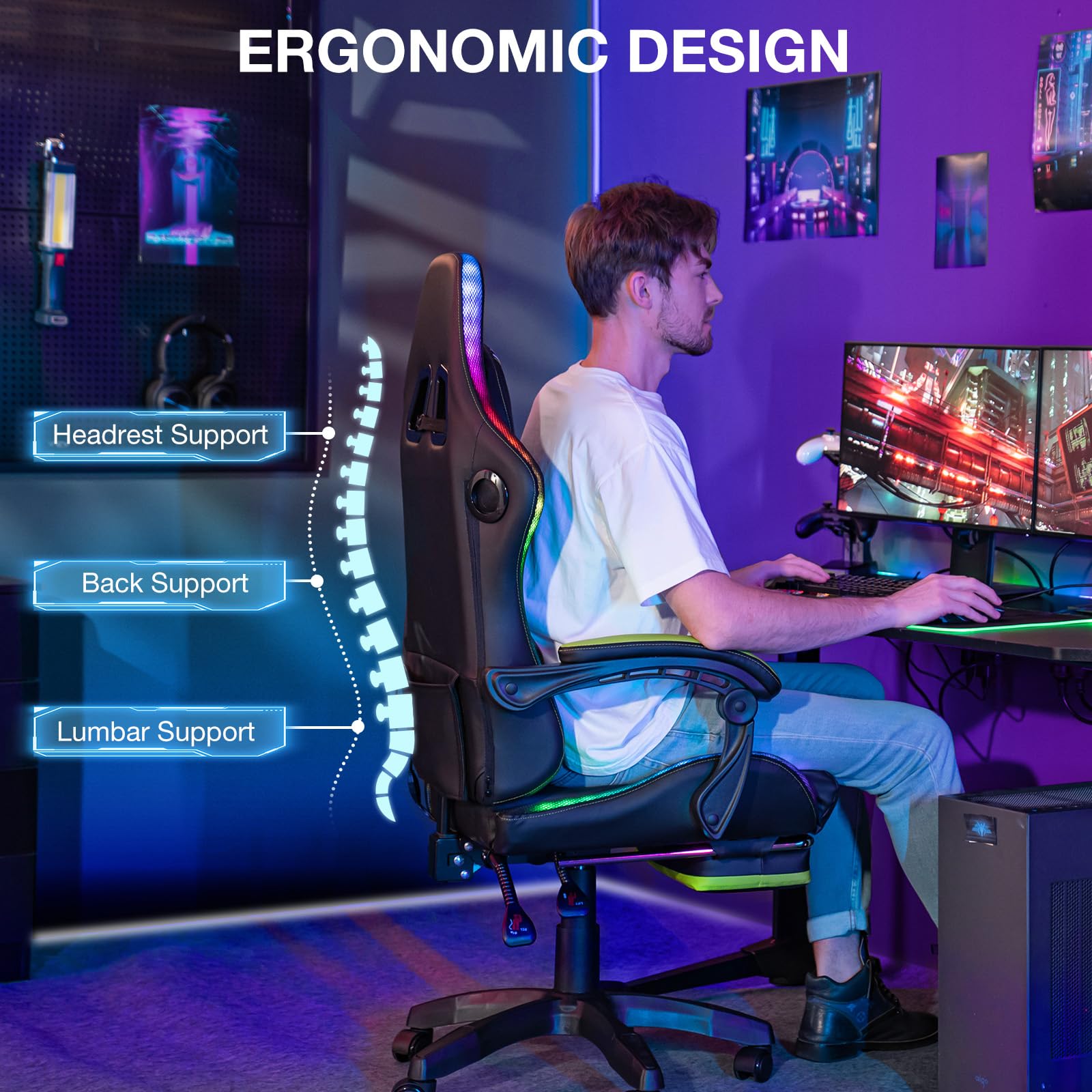 HOFFREE LED Gaming Chair with Massage & Bluetooth Speakers - Ergonomic Big and Tall PC Gaming Chair with Footrest for Adults (400lbs Capacity) - Green & Black Computer Desk Chair for Gaming, Office & Home Entertainment