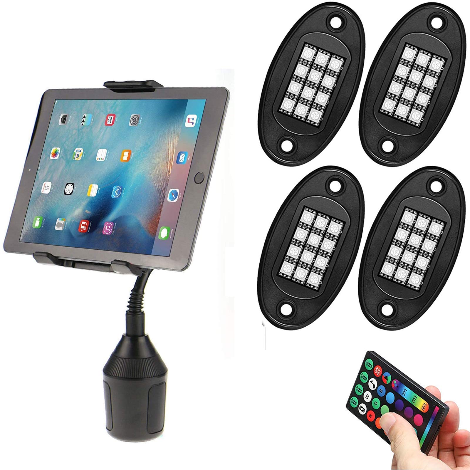 Adjustable Gooseneck Car Cup Phone Holder with 4 RGB LED Rock Lights - Hands-Free Car Accessories for iPhone, Samsung & More - Perfect for Commuting, Road Trips & Night Driving