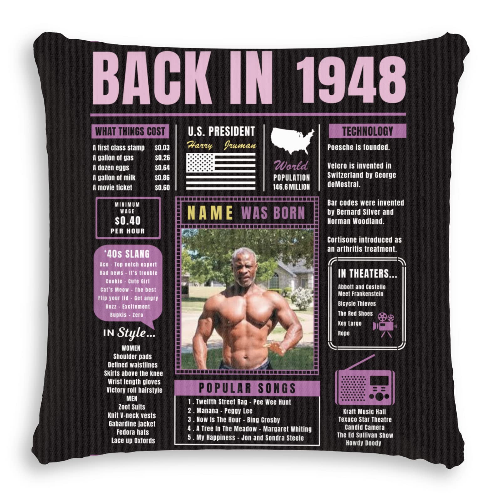 76th Birthday Party Decorations - Purple 76 Year Old Custom Throw Pillow (Super Soft) | 1948 Vintage Birthday Gifts for Men, Women, Boys & Girls | Perfect for Sofa Decor, Milestone Celebrations & Anniversary Parties