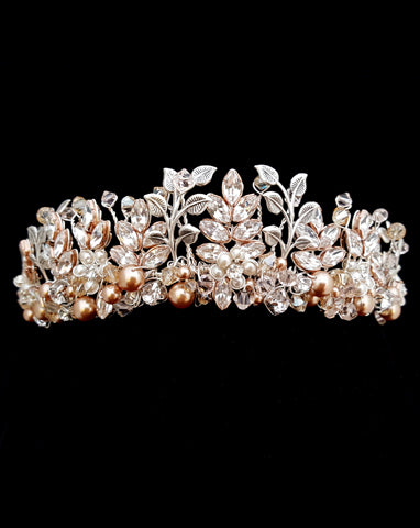 Elegant Pearl & Crystal Leaf Wedding Crown by Kezani - Bridal Tiara for Weddings, Prom, Pageants & Special Occasions