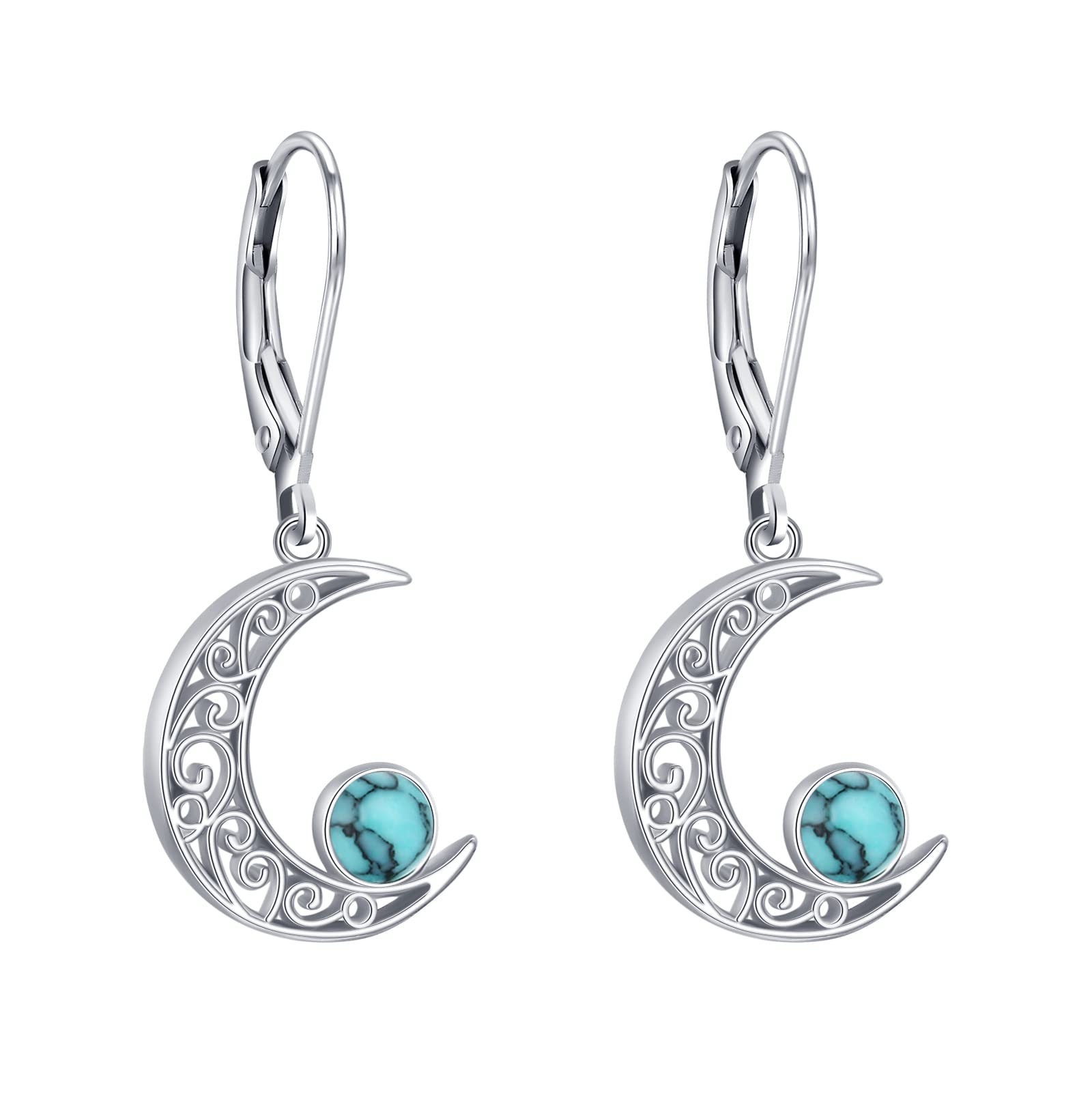 Celtic Moon Earrings for Women - 925 Sterling Silver Opal, Moss Agate & Turquoise Dangle Earrings | Hypoallergenic Star and Moon Jewelry | Perfect Gift for Birthday, Anniversary & Boho Fashion Accessories