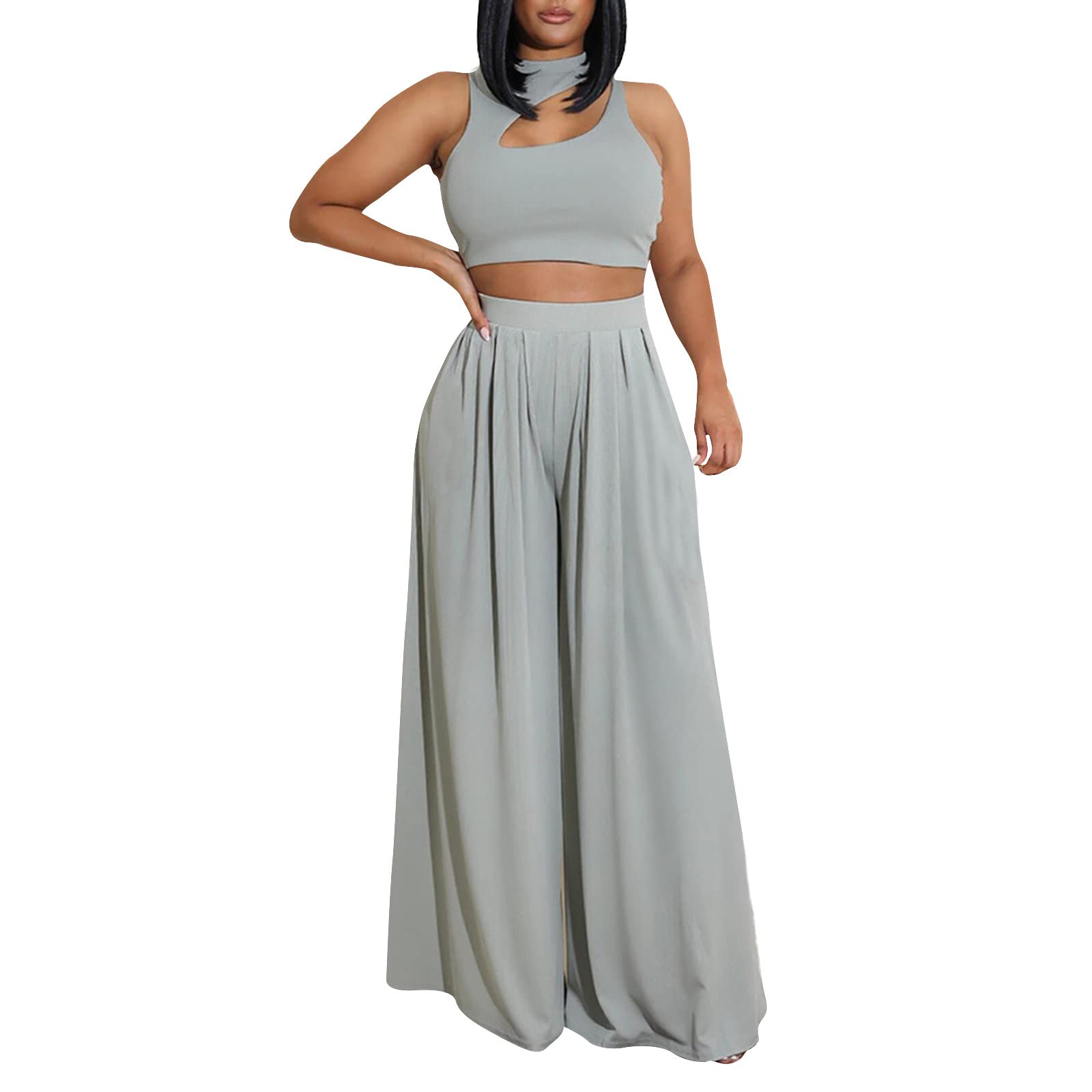 Women's 2-Piece Summer Outfits - Sleeveless Mock Neck Top & Wide Leg Lounge Pants Set (XXL, Gray) | Spring Tracksuit, Fashion Sweatsuit for Casual Wear, Home Relaxation & Vacation Outfits