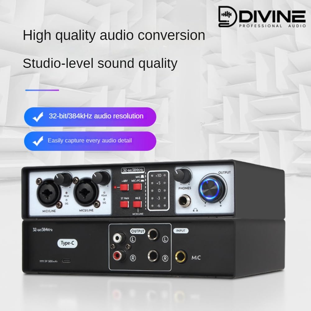 HUPYOMLER 2 in 2 Out USB Audio Interface - 32Bit/384KHZ Professional Sound Card with 48V Phantom Power for Home Studio Recording, Podcasting & Music Production