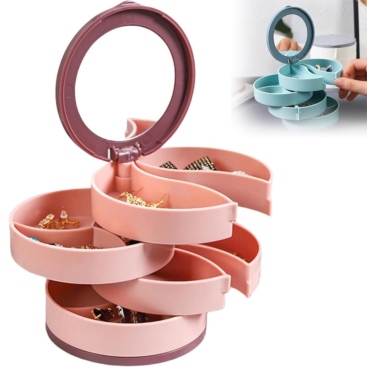 4-Layer Rotatable Jewelry Organizer Box with Lid - Pink Multi-Layer Earring & Necklace Storage Case for Women | Perfect for Travel, Home Vanity & Gift Giving
