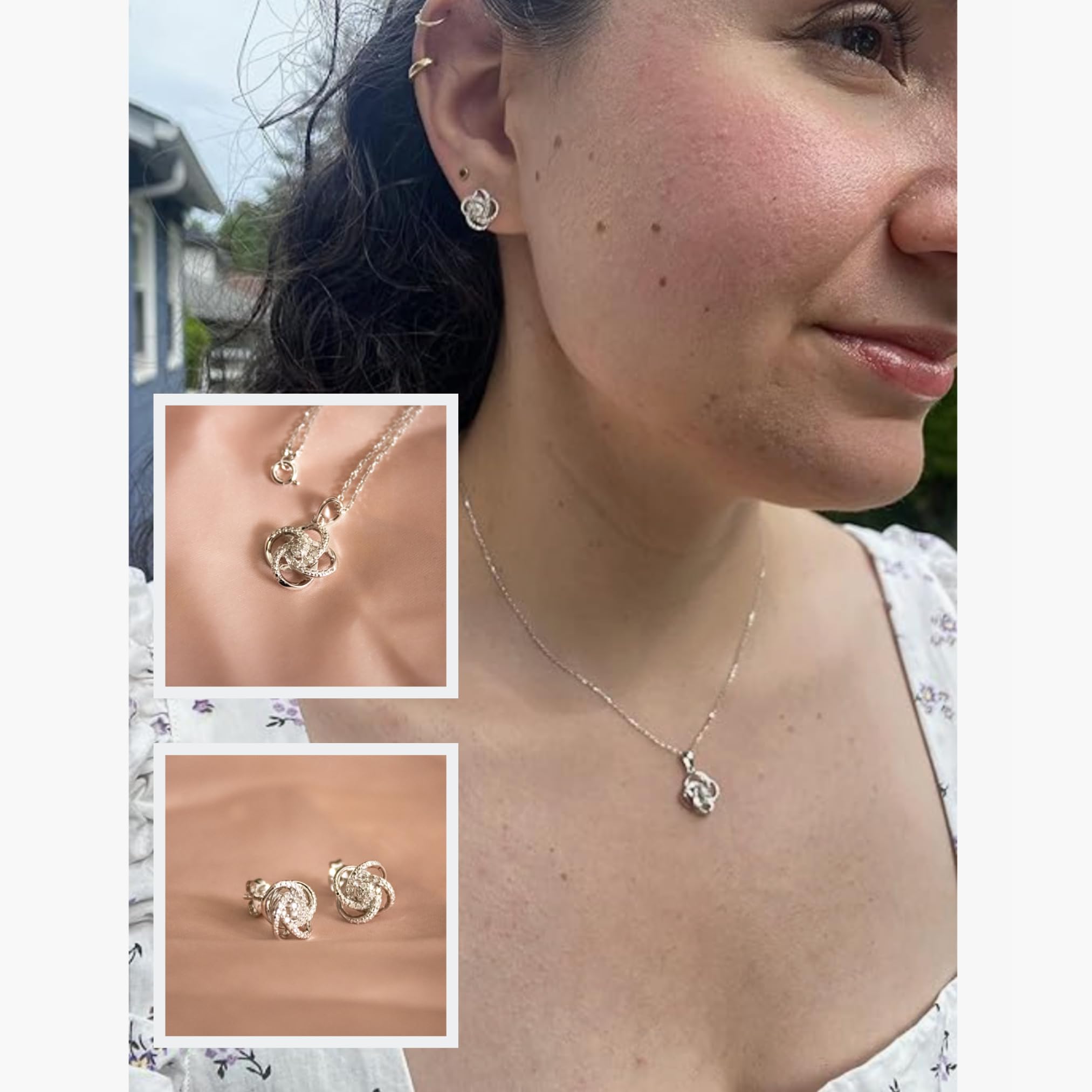 925 Sterling Silver 1/4 CT Diamond Love Knot Necklace & Earrings Set for Women - Valentine's Day Jewelry Gift - 18