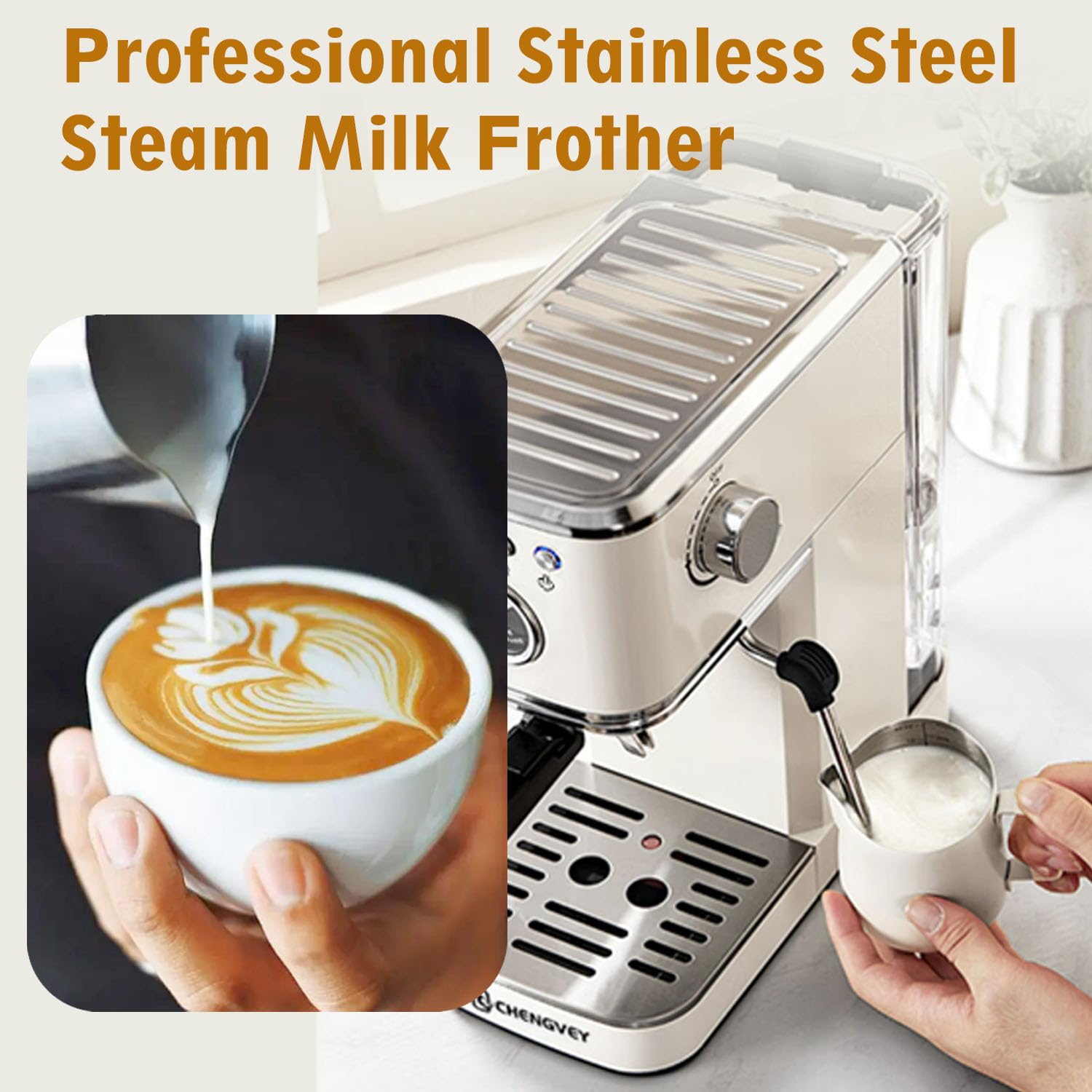 20 Bar Professional Espresso Machine with Milk Frother - Stainless Steel Iced Coffee Maker for Home & Office - Compact Coffee Machine Perfect for Lattes & Cappuccinos - Ideal Gift for Dad, Mom & Coffee Lovers (Ivory Beige) - Great for Morning Brews, Afternoon Pick-Me-Ups & Entertaining Guests