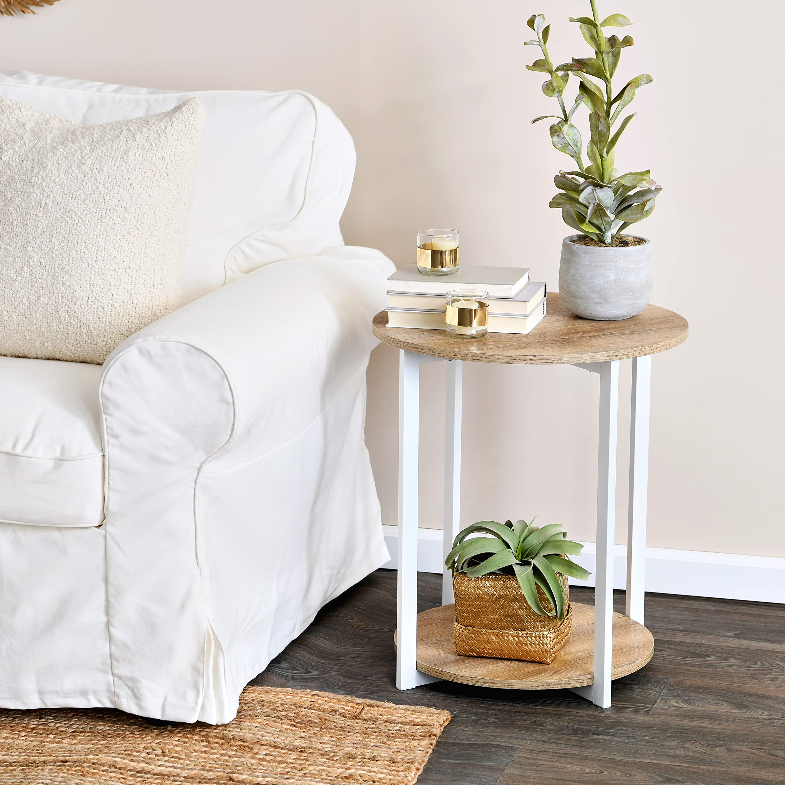 Coastal Oak Round End Table with 2-Tier Shelf - Rustic Side Table for Living Room, Bedroom, or Patio - Perfect for Drinks, Books, and Decor