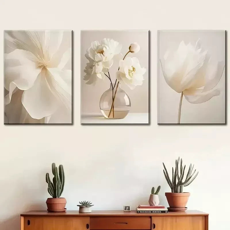 3-Piece Beige Floral Canvas Wall Art Set - Modern Framed Flowers Print 50x70cm - High Quality Australian Made Ready-to-Hang Home Decor for Living Room, Bedroom & Office