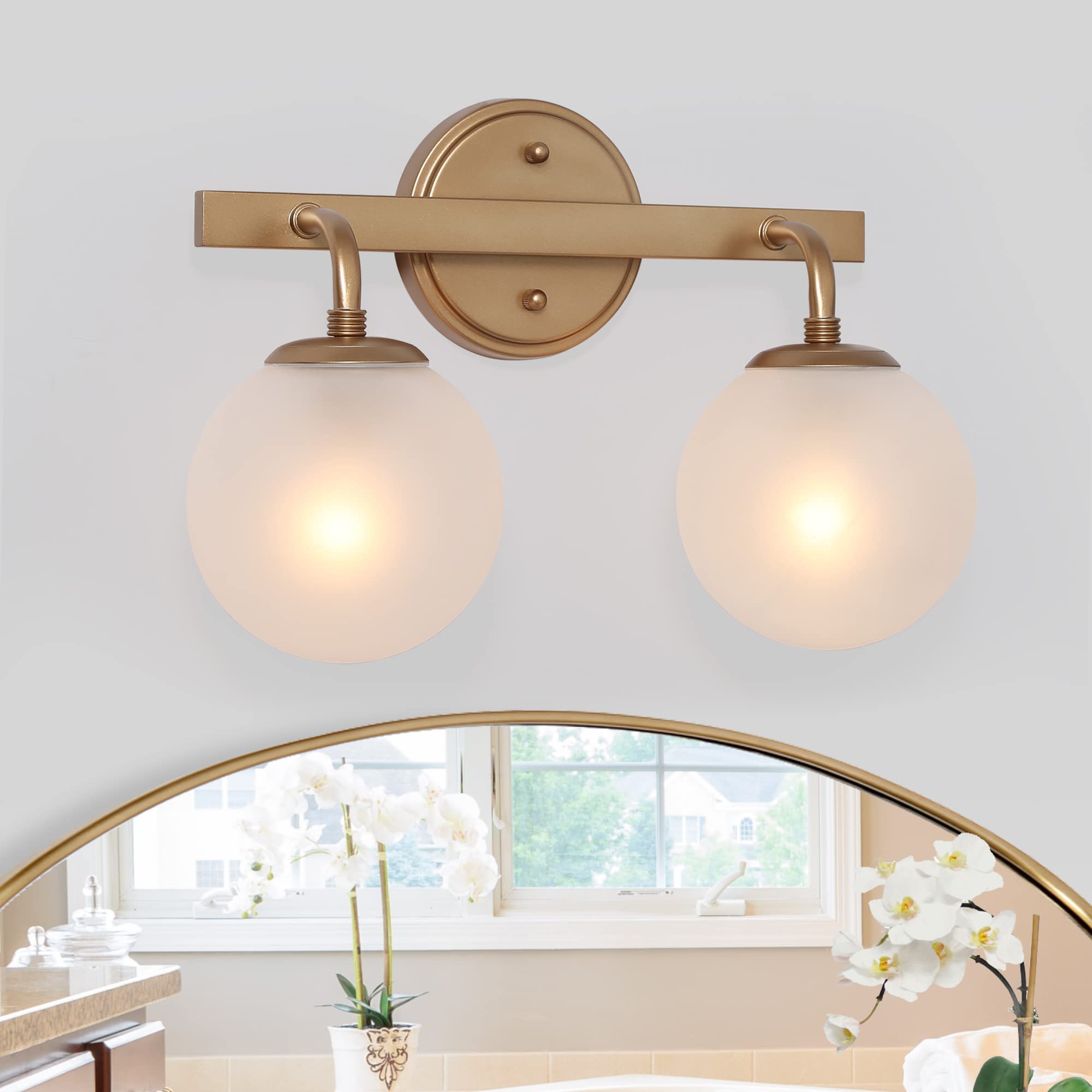 Durent Gold Modern Bathroom Vanity Lights - 2 Light Fixture with Frosted Glass Shades for Mirror Lighting | Perfect for Bathroom, Powder Room & Dressing Area Makeup Lighting