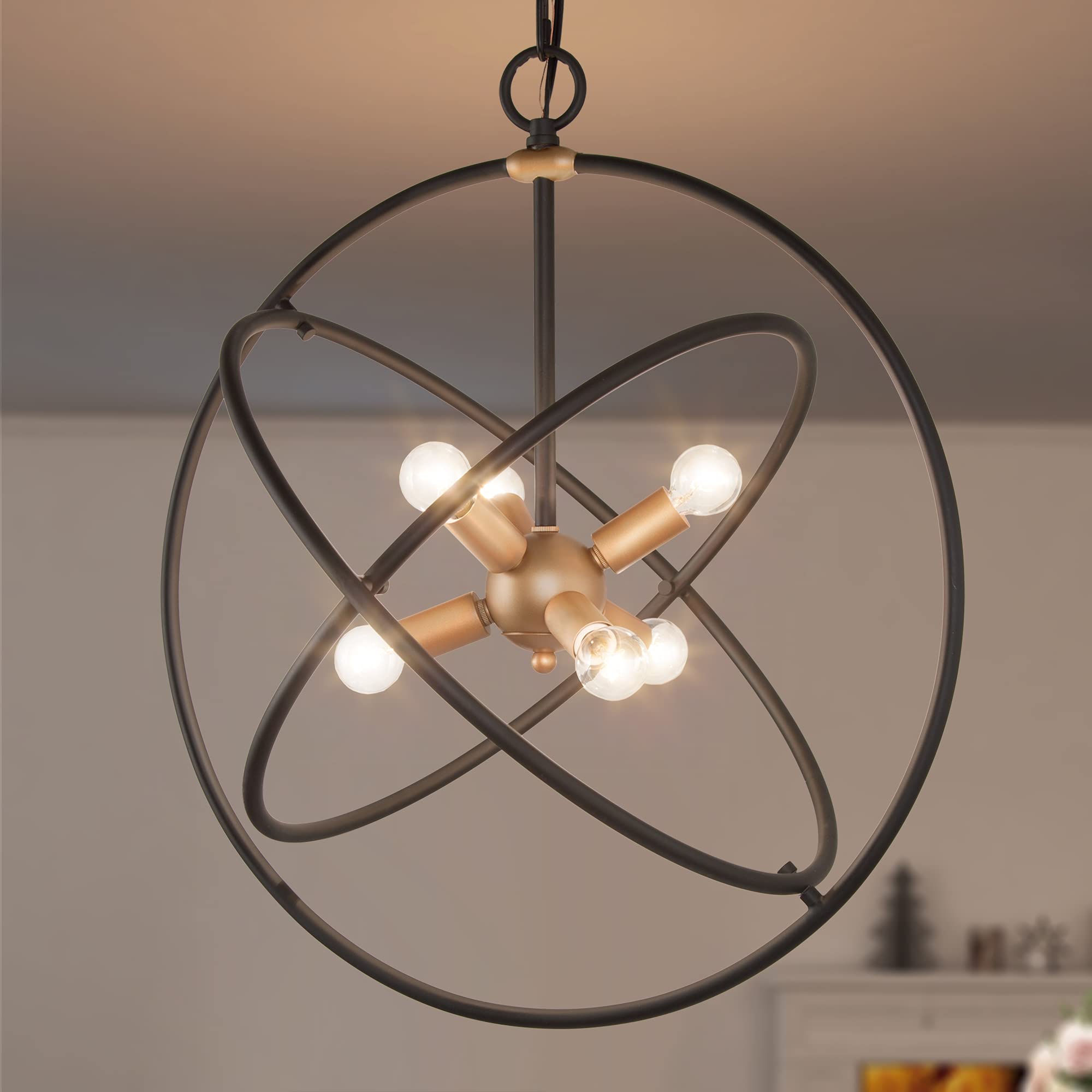 Durent Lighting 6-Light Mid Century Modern Chandelier - Black Gold Globe Orb Hanging Light Fixture for Dining Room, Living Room, Entryway, Kitchen Island & Foyer - 20