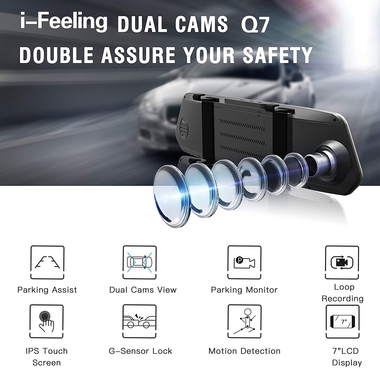 7 Inch Touch Screen Rearview Mirror Dash Cam with Front & Rear Dual Lens - 1080P HD Night Vision, Parking Assistance, Loop Recording for Cars, SUVs, Trucks | Perfect for Daily Commuting, Road Trips & Parking Safety