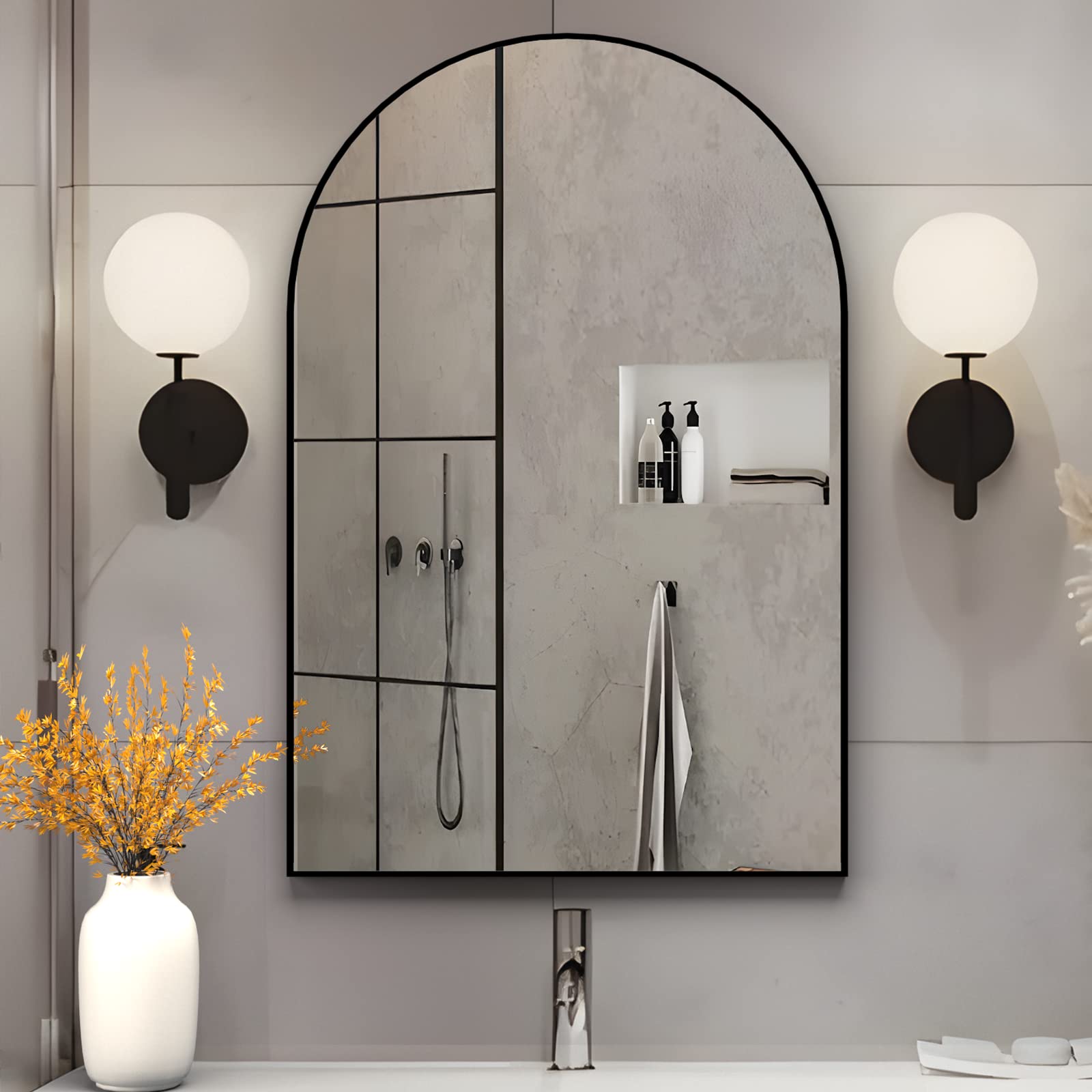 NEUWEABY 20x30 Inch Arched Wall Mirror - Black Metal Frame Bathroom Vanity Mirror for Mantle, Bedroom, Entryway & Living Room Decor | Perfect for Home Decor, Makeup Application & Space Enhancement