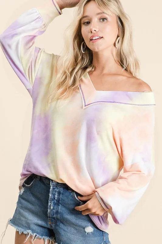 BiBi Tie Dye French Terry V-Neck Top with Puff Sleeves | Women's Casual Loose Fit T-Shirt | Perfect for Yoga, Beach & Summer Outfits
