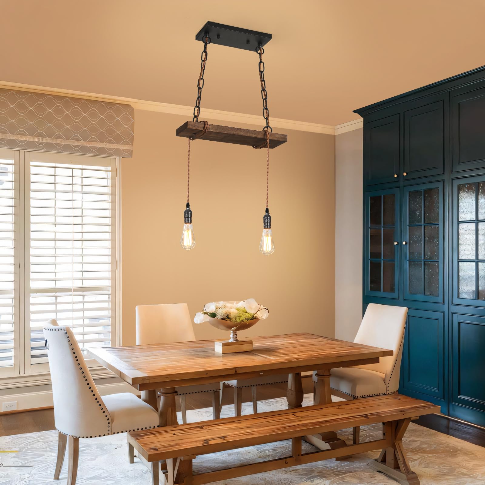 Farmhouse Pendant Lights for Kitchen Island - 2-Light Rustic Wooden Ceiling Hanging Light Fixture with Adjustable Height - Perfect for Dining Room, Bar, Pool Table, Cabin & Farmhouse Decor