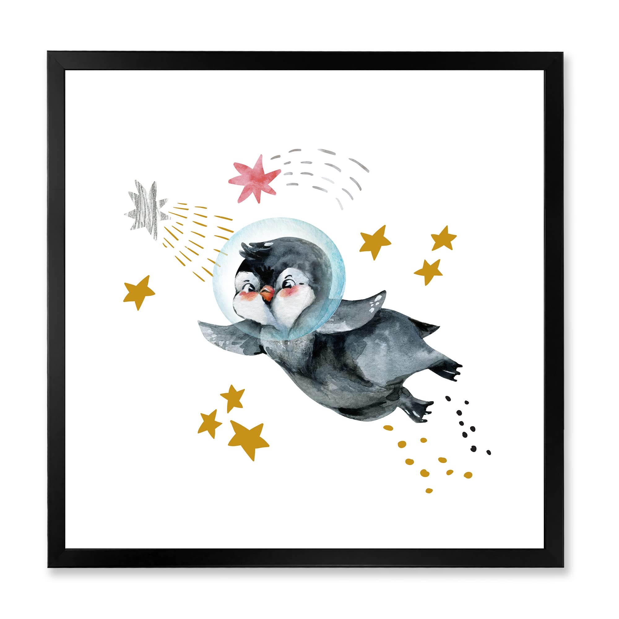 DesignQ Little Penguin Flying Stars and Planets Farmhouse Framed Wall Art - Nursery Decor, Kids Room Wall Art, Living Room Decor